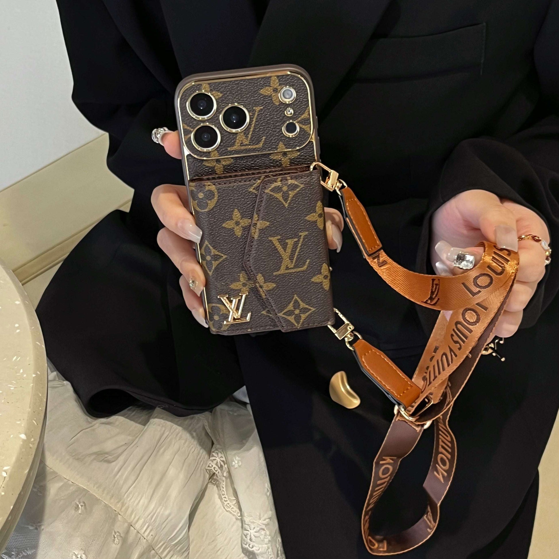 Luxury Monogram iPhone Case With Card Holder And Strap For iPhone 17 Series-CYLV002