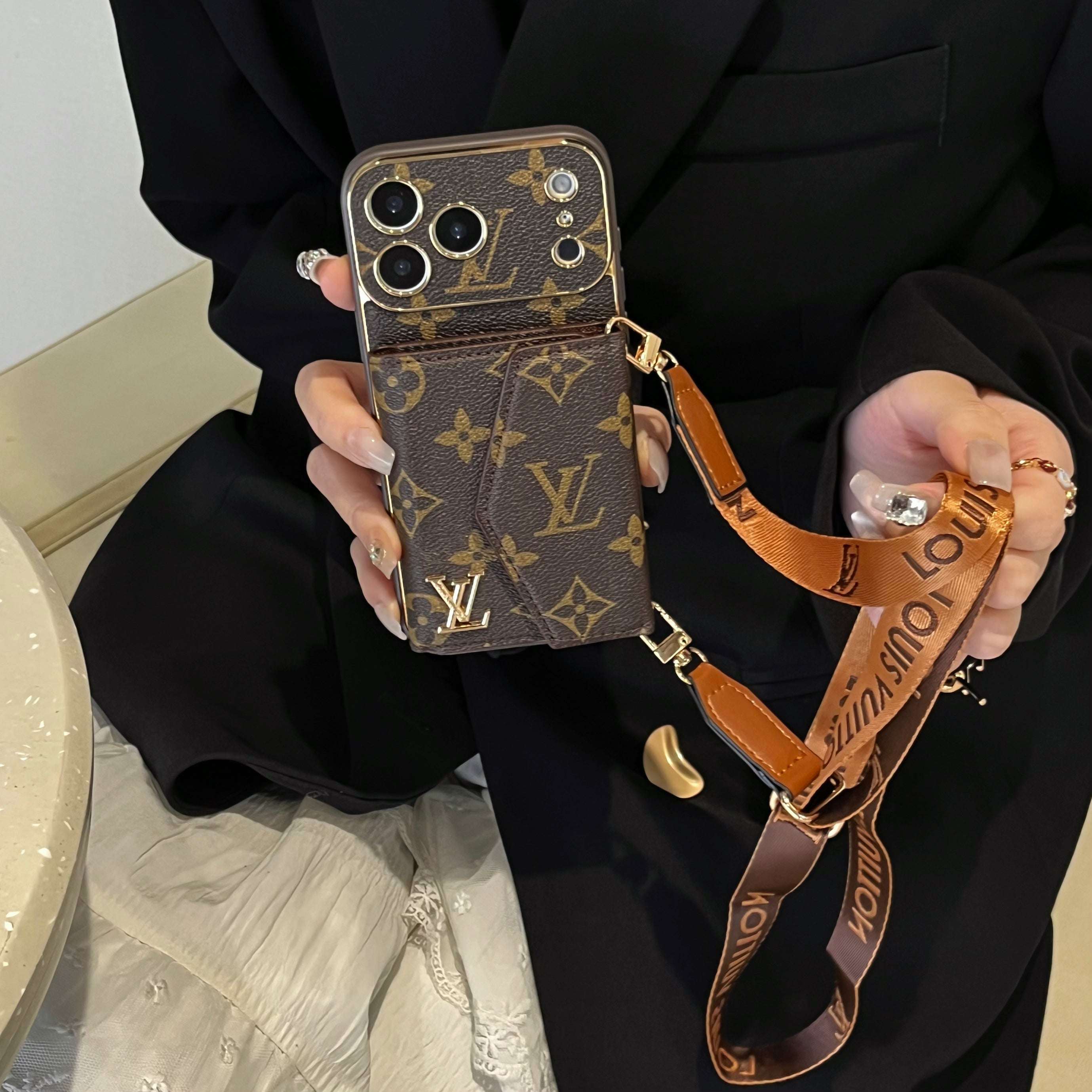 Luxury Monogram iPhone Case With Card Holder And Strap For iPhone 17 Series-CYLV002