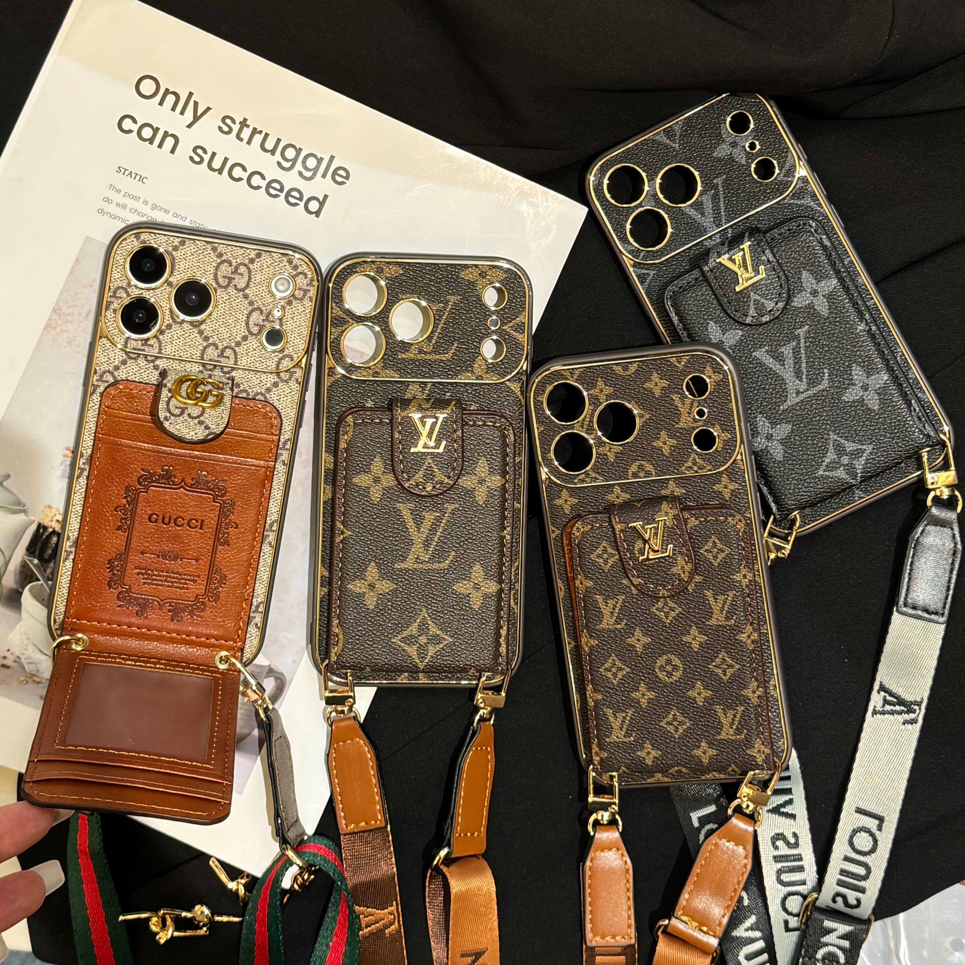 Luxury  Leather Monogram iPhone Case With Card Wallet And Crossbody Strap For iPhone 17 Series-CYLV143
