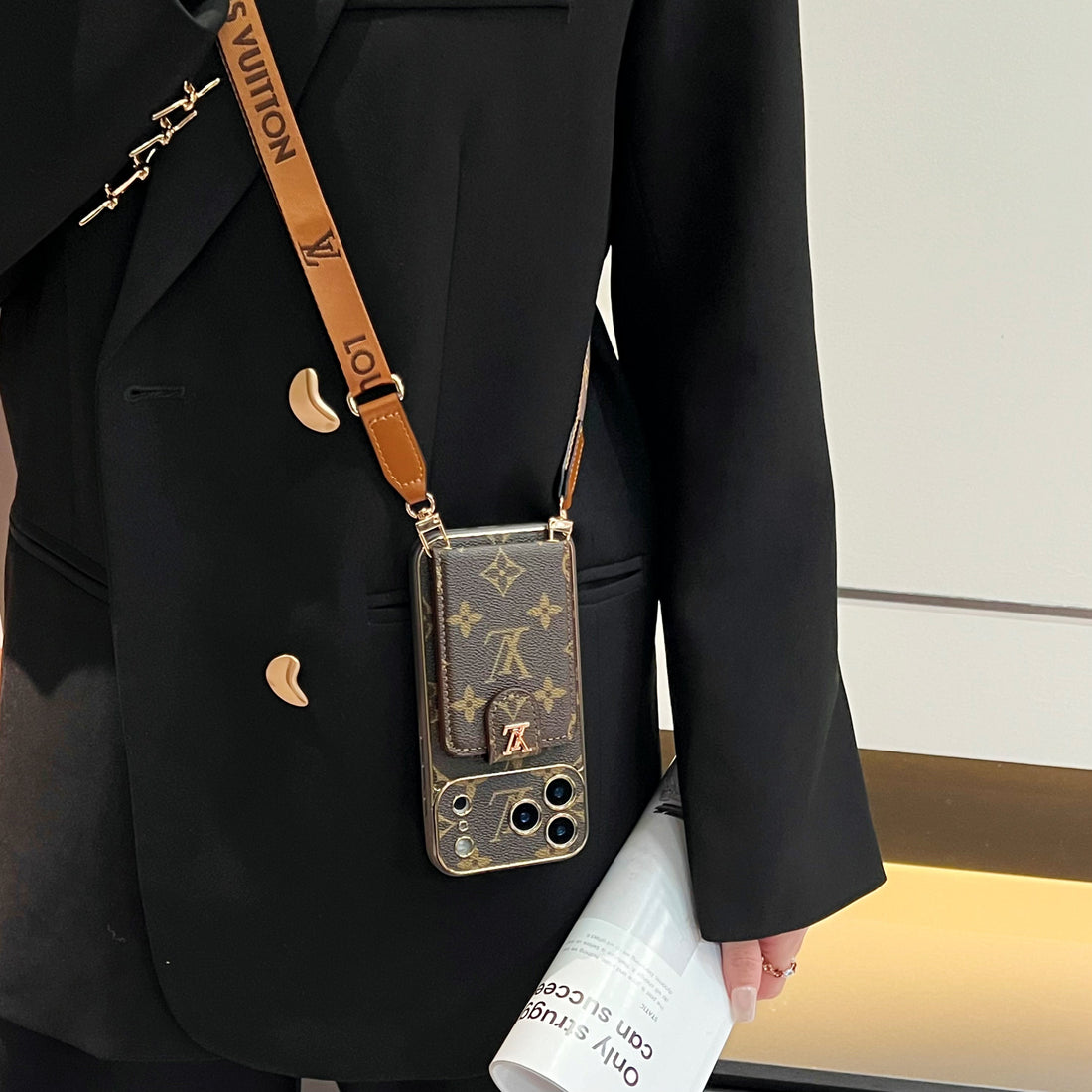 Luxury  Leather Monogram iPhone Case With Card Wallet And Crossbody Strap For iPhone 17 Series-CYLV143