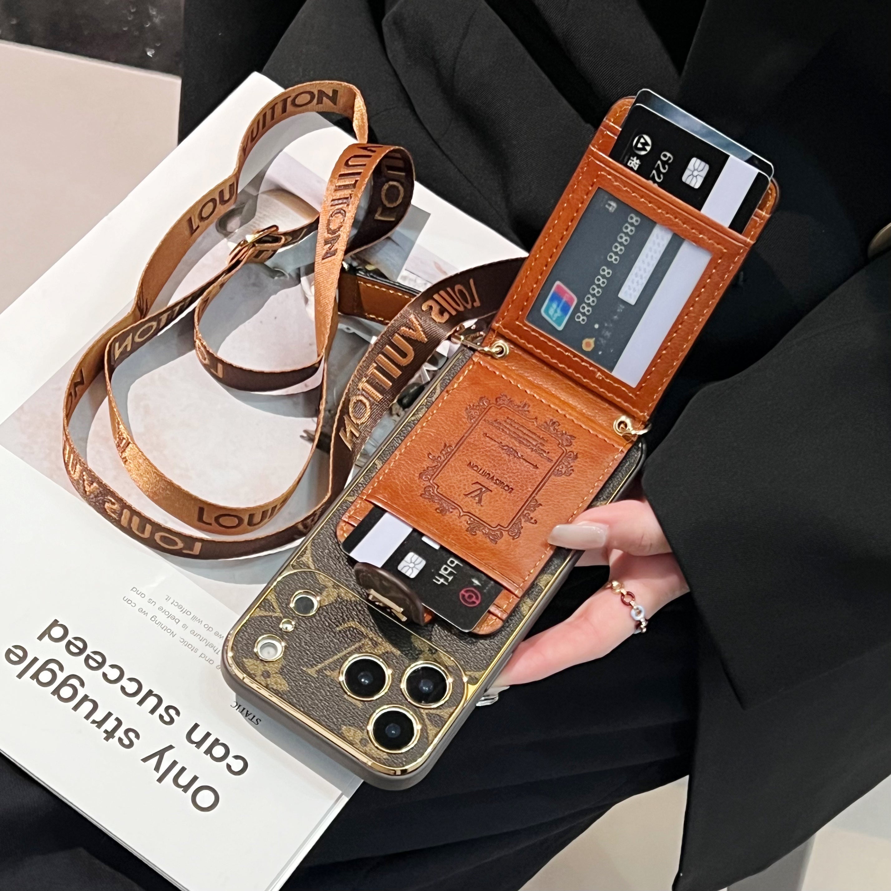 Luxury  Leather Monogram iPhone Case With Card Wallet And Crossbody Strap For iPhone 17 Series-CYLV143