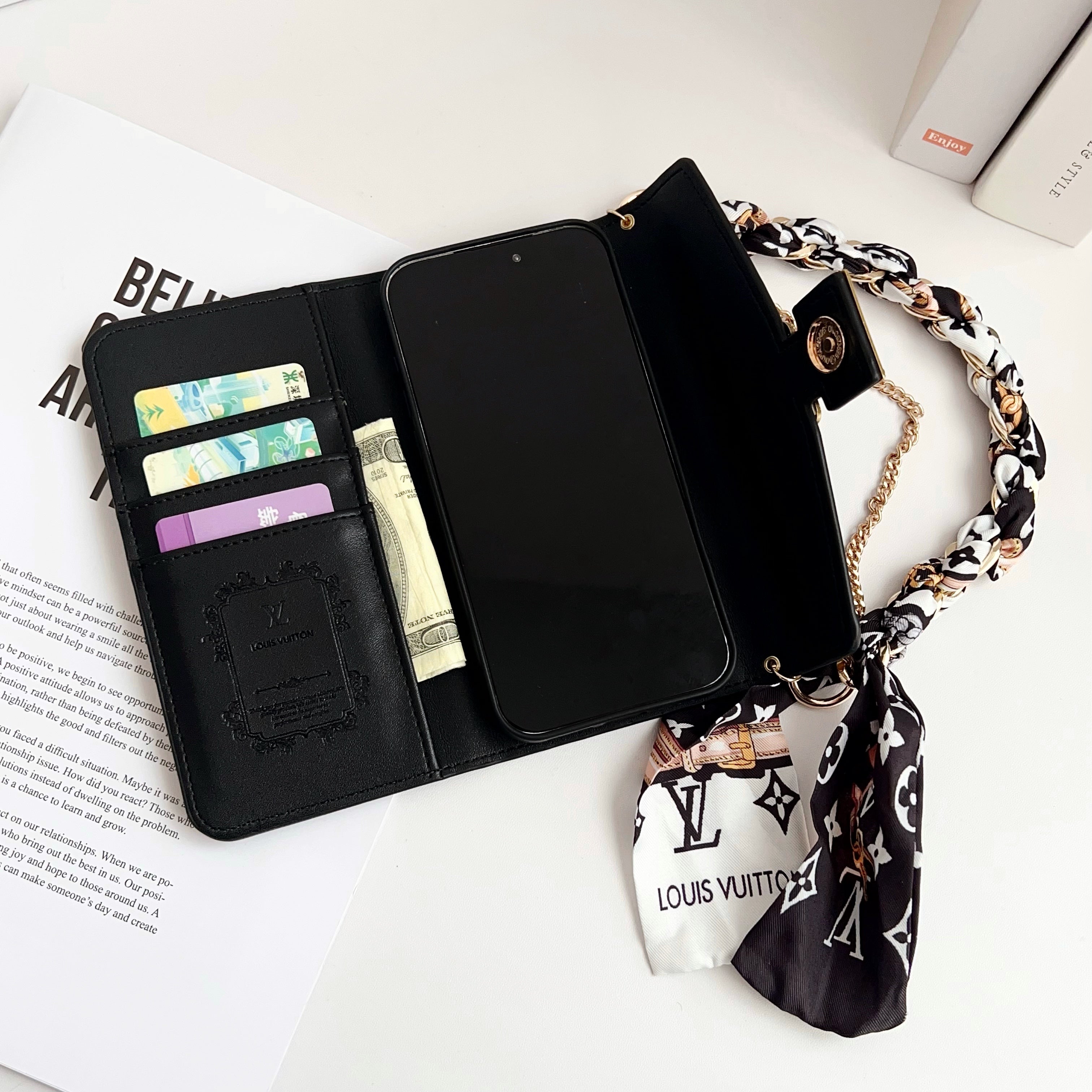 Premium Leather Folio Monogram iPhone Case With Wallet And Strap-CFMTY11