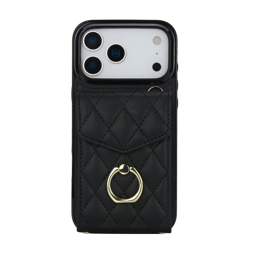 Leather iPhone Cases With Card Holder And Strap Black