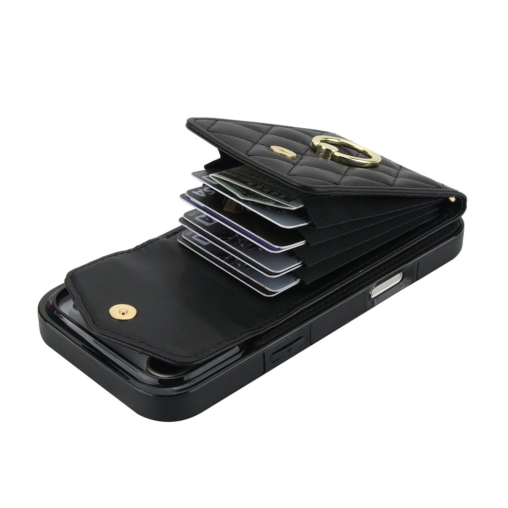 Leather iPhone Cases With Card Holder And Strap Black