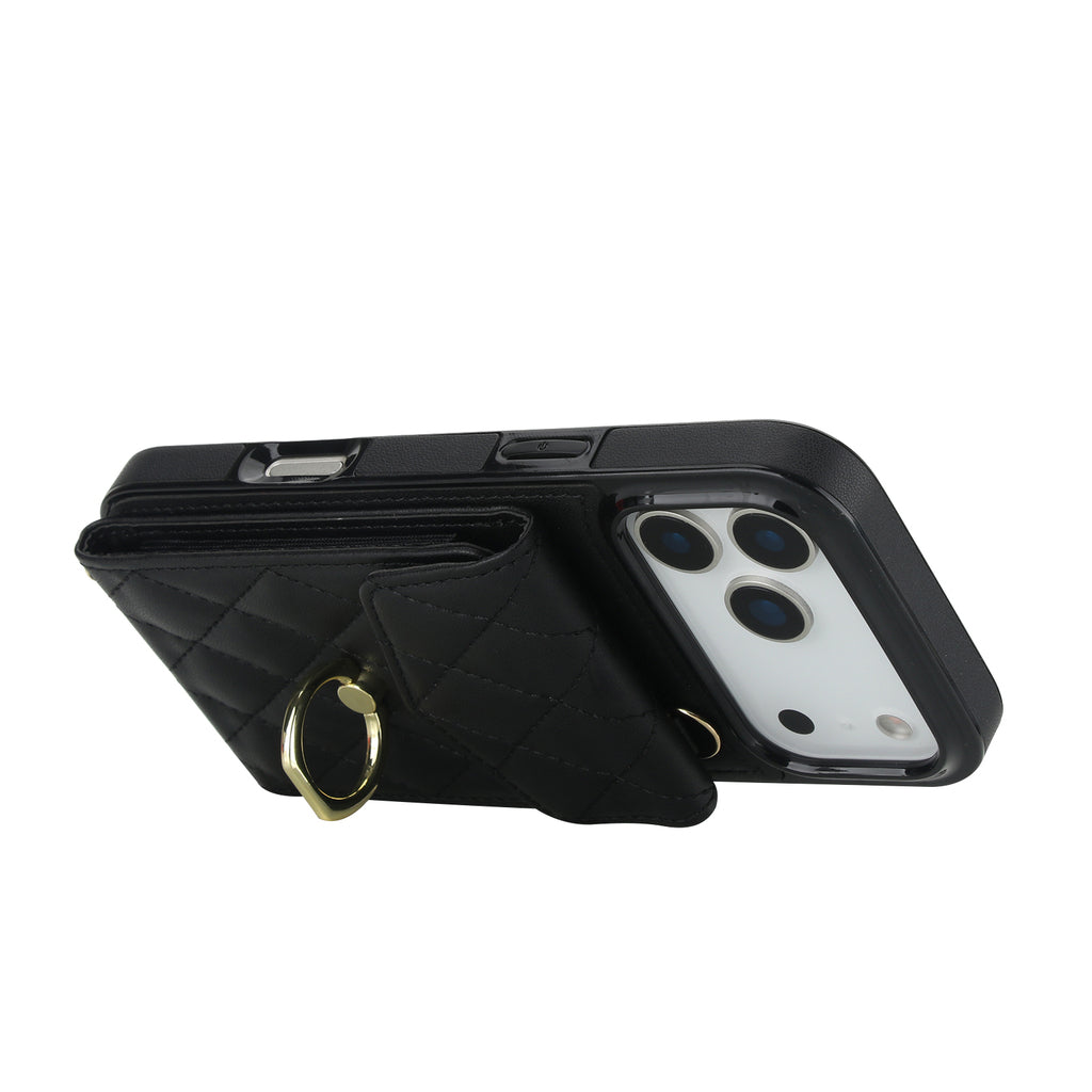 Leather iPhone Cases With Card Holder And Strap Black