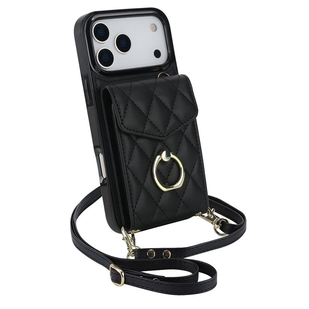Leather iPhone Cases With Card Holder And Strap Black