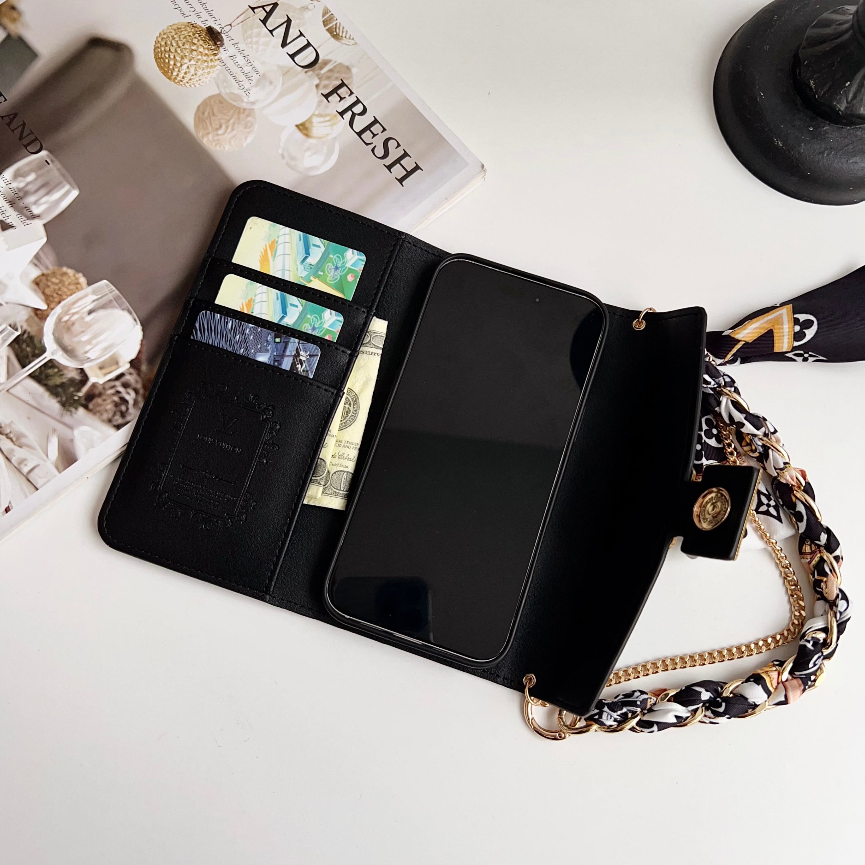 Leather Folio Monogram iPhone Case With Card Holder And Strap-CFMTY21