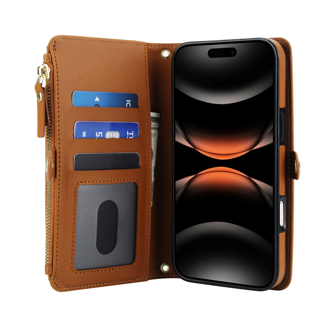 Leather iPhone Case With Card Holder And Strap Brown