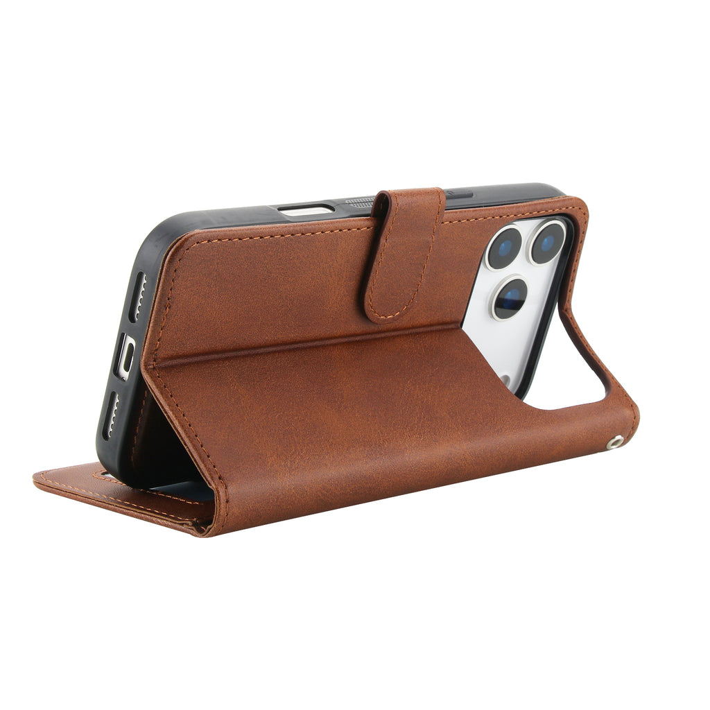 Leather Wallet iPhone Case With Card Holder And Strap Brown