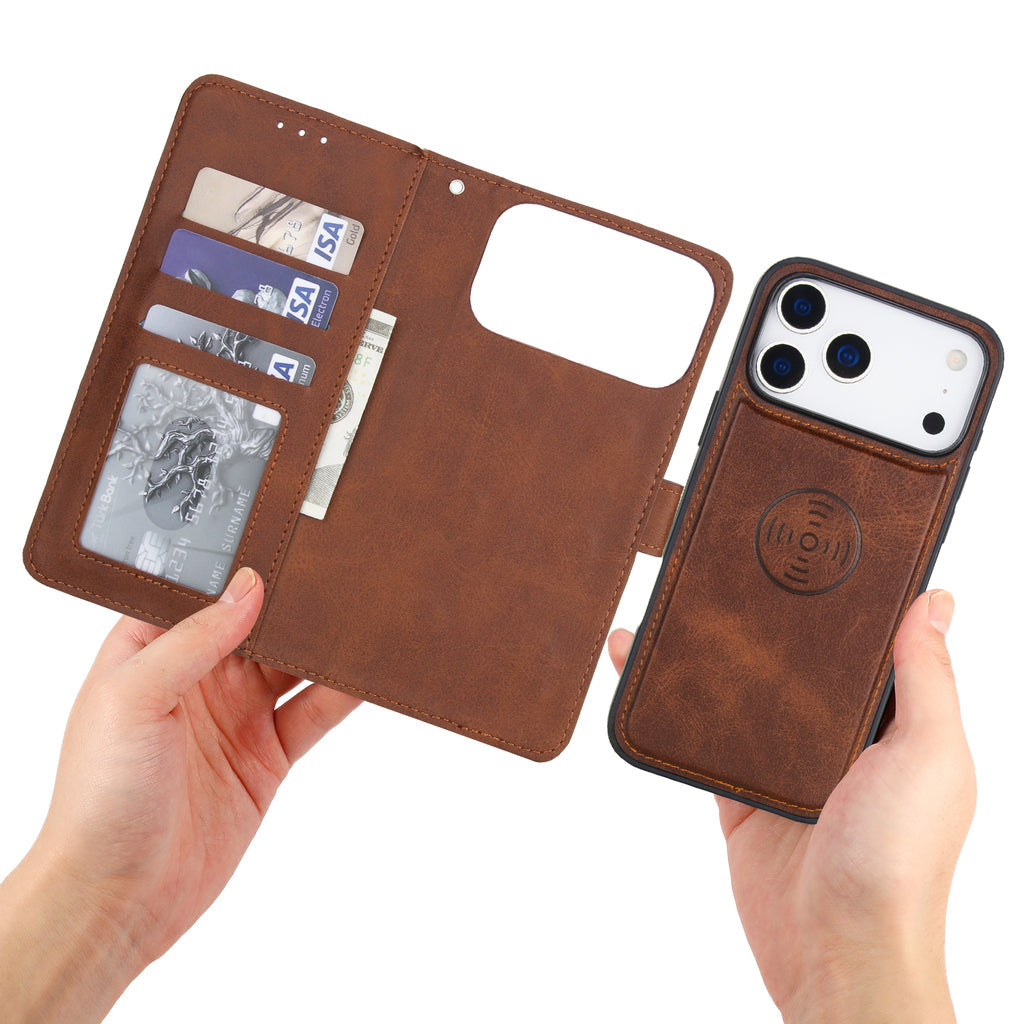 Leather Wallet iPhone Case With Card Holder And Strap Brown