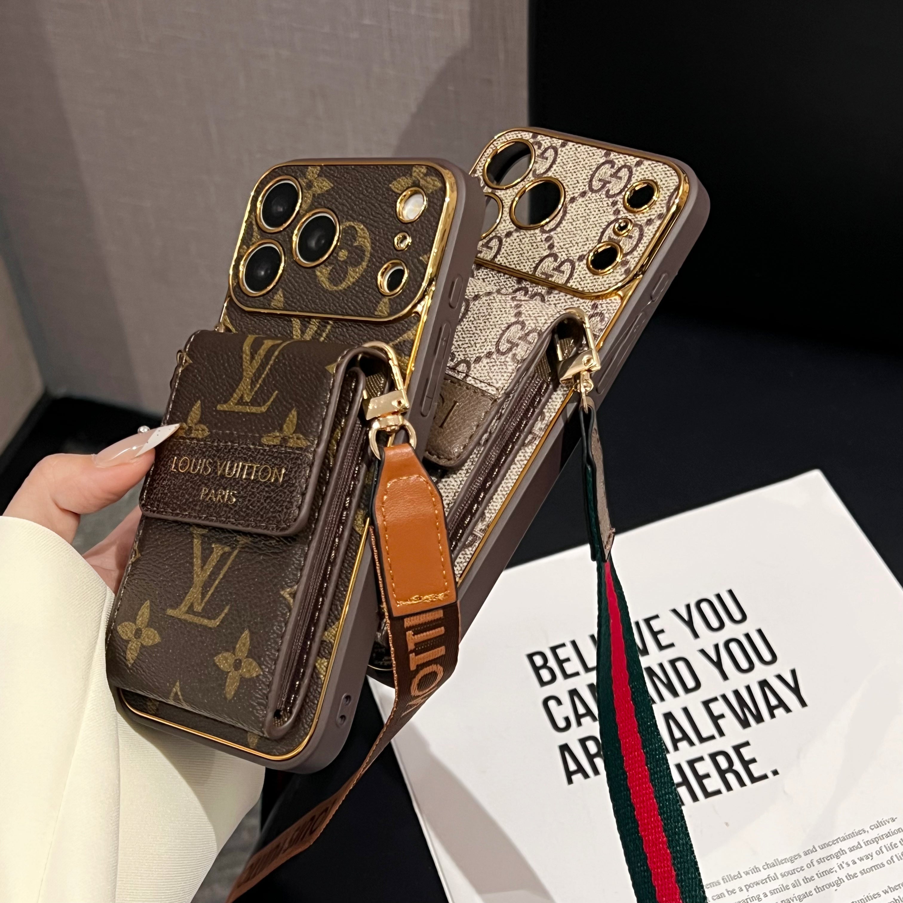 Premium  Leather GG iPhone Case With Card Wallet And Crossbody Strap For iPhone 17 Series-CYGG147