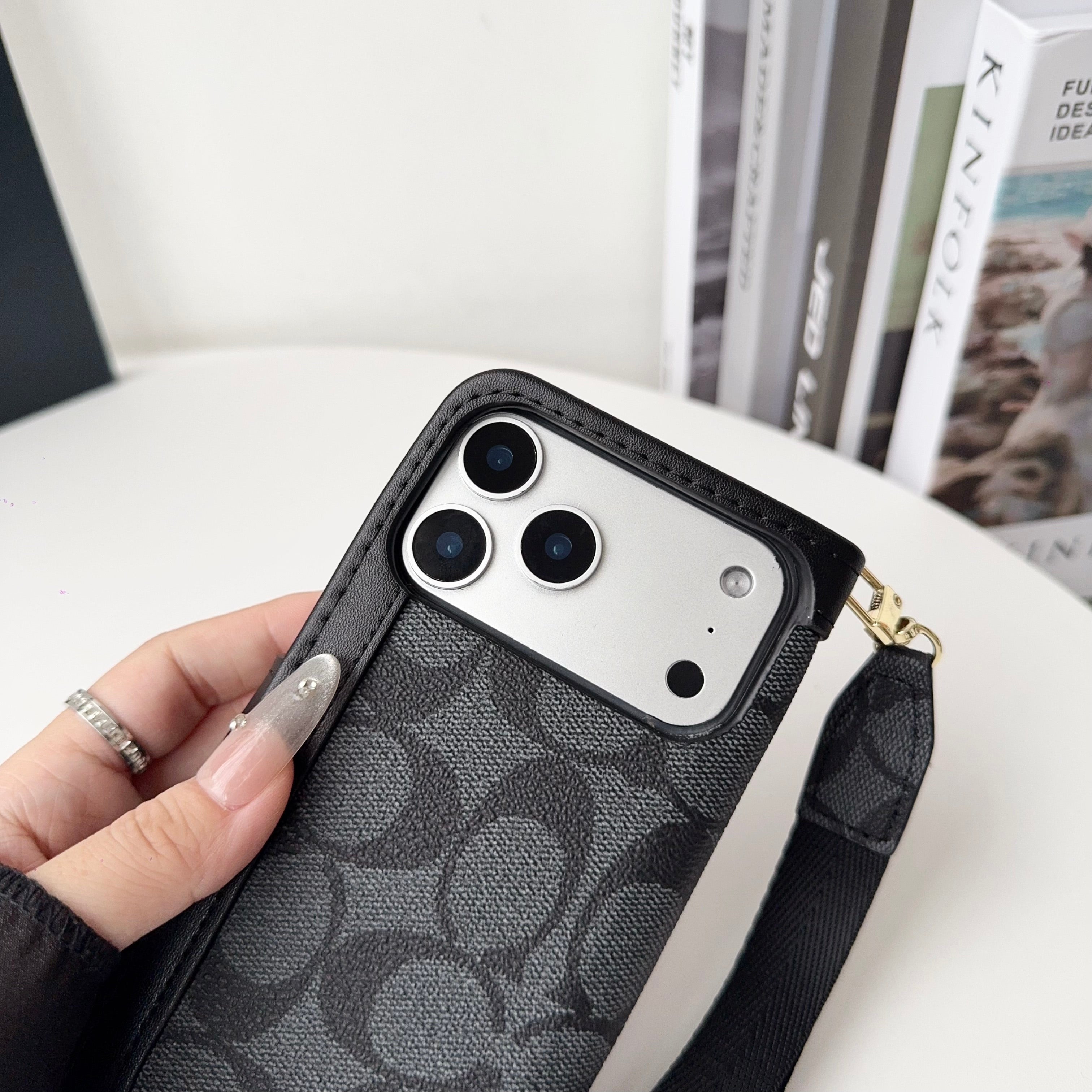 Premium Leather CH iPhone Case With Card Holder And Strap-CFPL001
