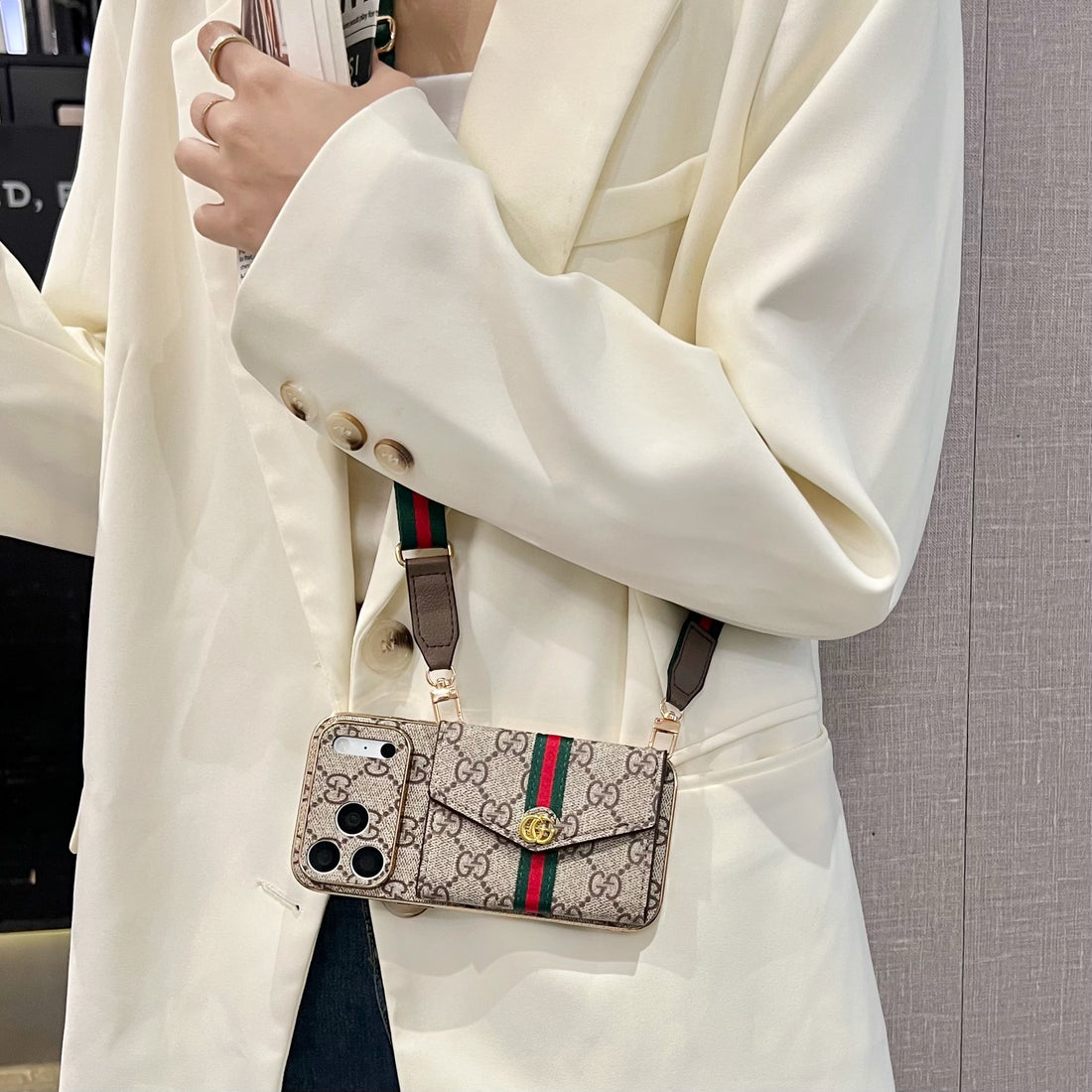 Elegant  Leather GG iPhone Case With Card Wallet And Crossbody Strap For iPhone 17 Series-CYGG149