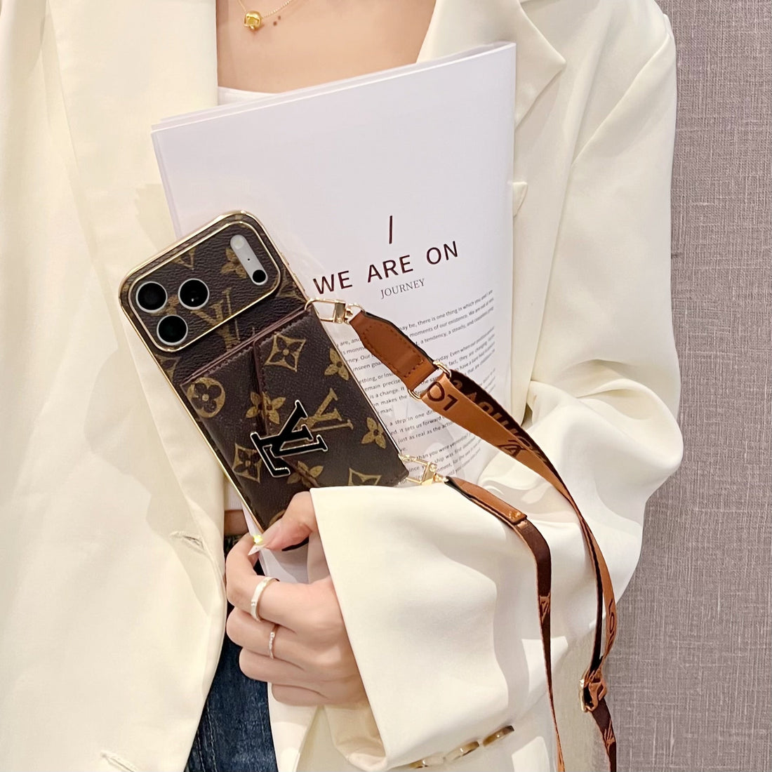 High-quality Leather  Monogram iPhone Case With Wallet And Crossbody Strap For iPhone 17 Series-CYLV150