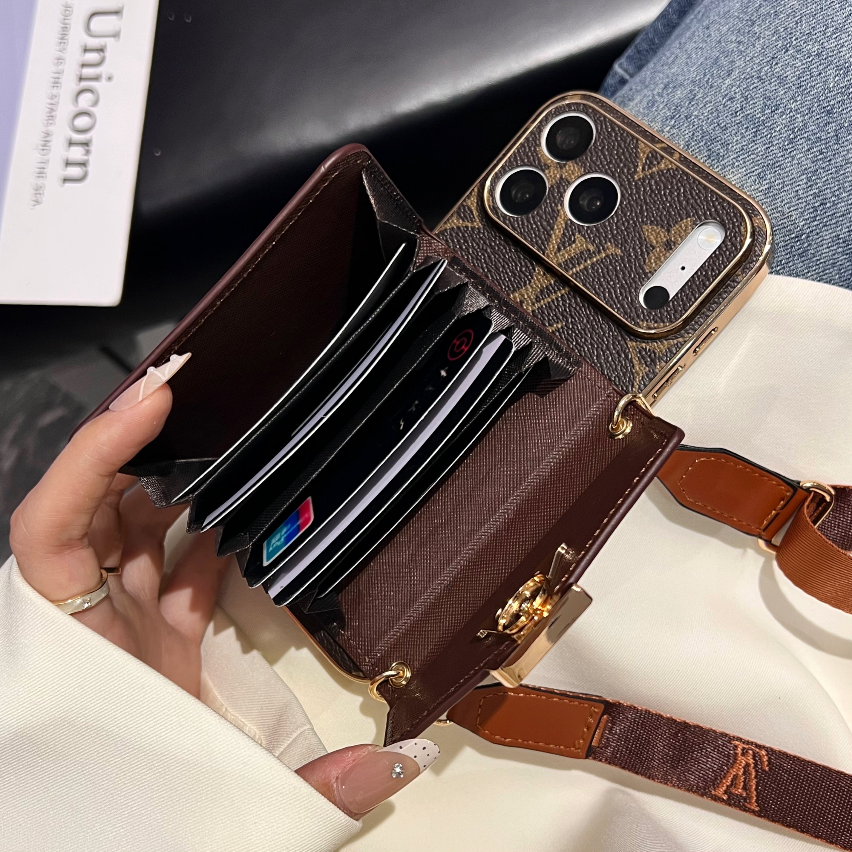 High-quality Leather  Monogram iPhone Case With Wallet And Crossbody Strap For iPhone 17 Series-CYLV150