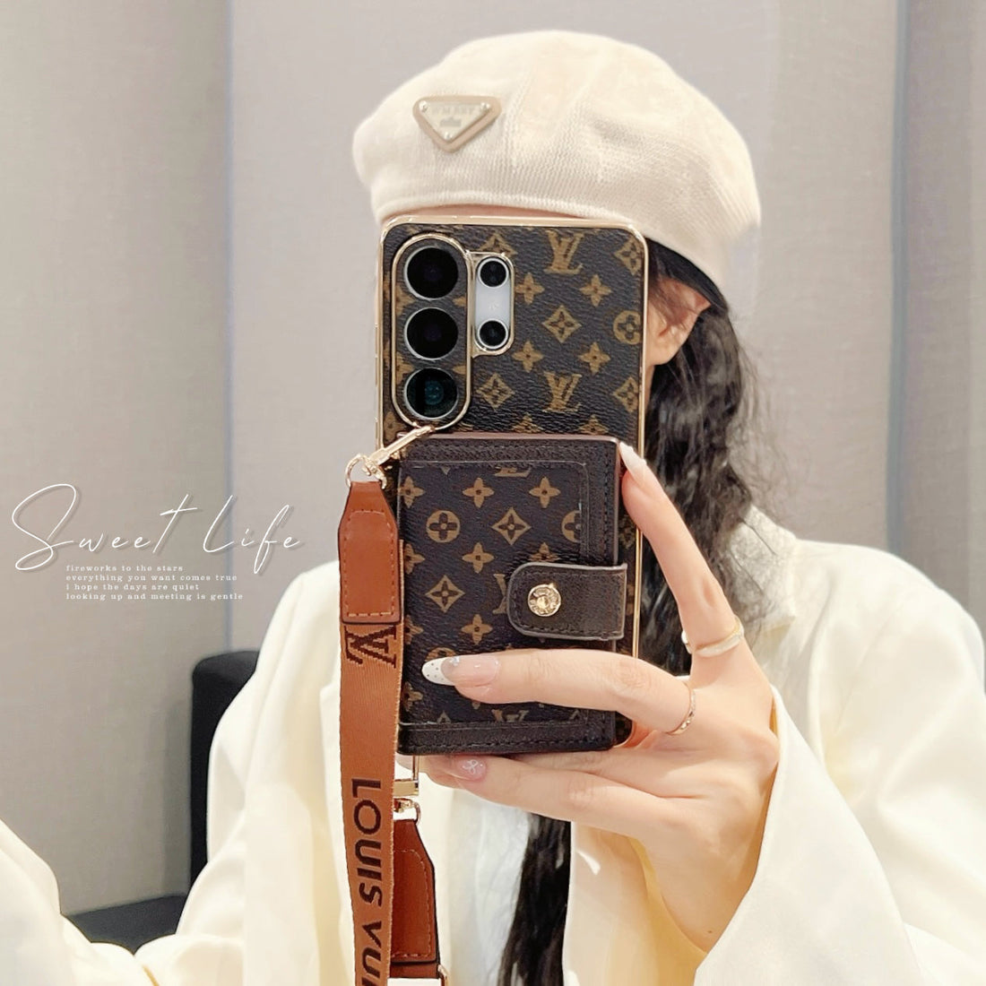 Luxury Leather Monogram Samsung Galaxy S Series Case With Wallet And Crossbody Strap-CYLV152