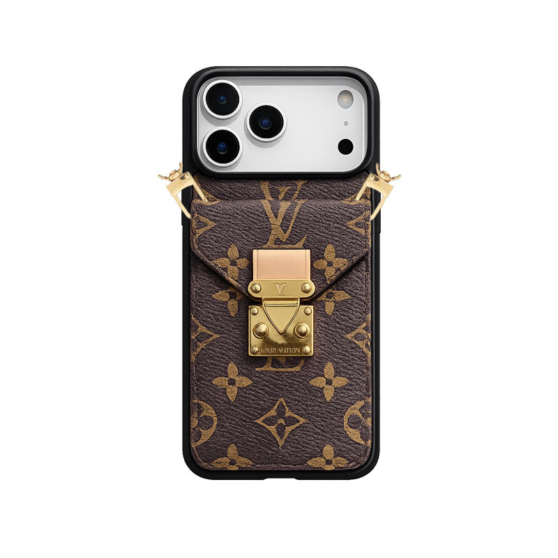 Premium Leather Monogram iPhone Case With Wallet And Crossbody Strap For iPhone 17 Series-LA260001