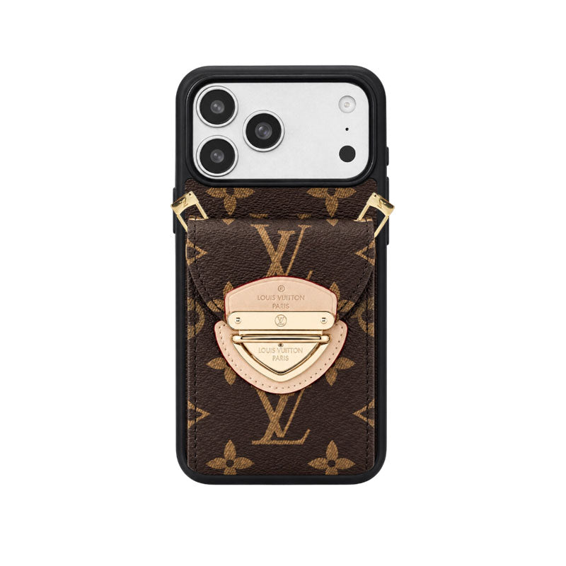 Leather Monogram iPhone Case With Card Holder And Crossbody Strap For iPhone 17 Series-LA260044