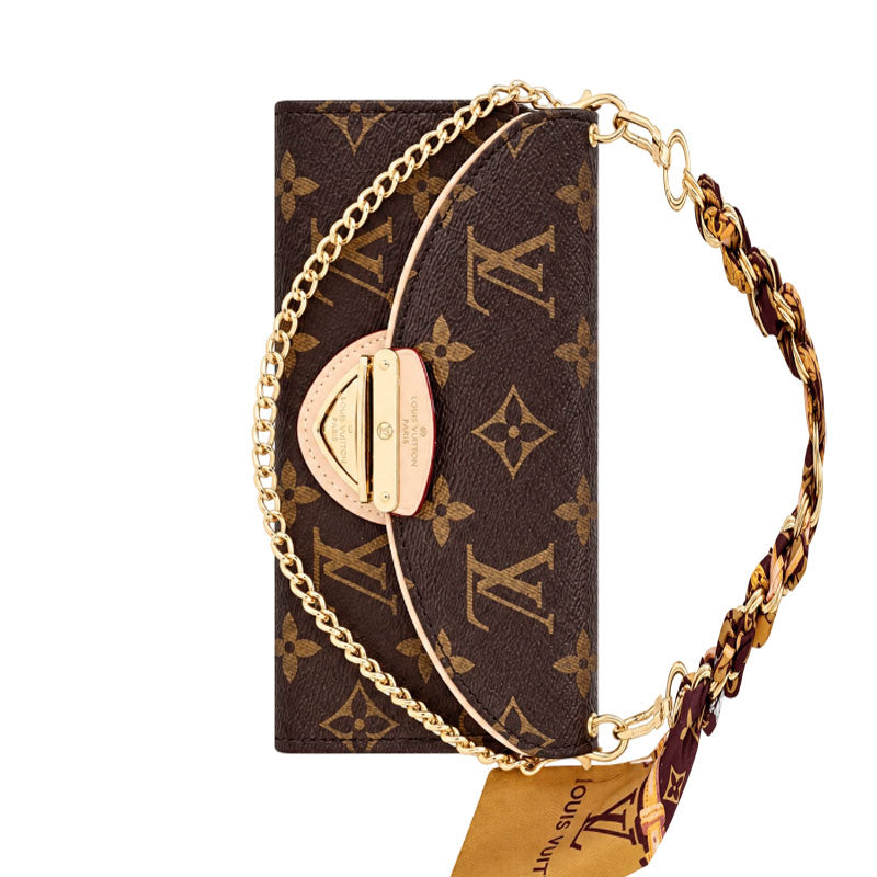 Premium Leather Monogram iPhone Case With Flip Wallet And Crossbody Strap-LA260050