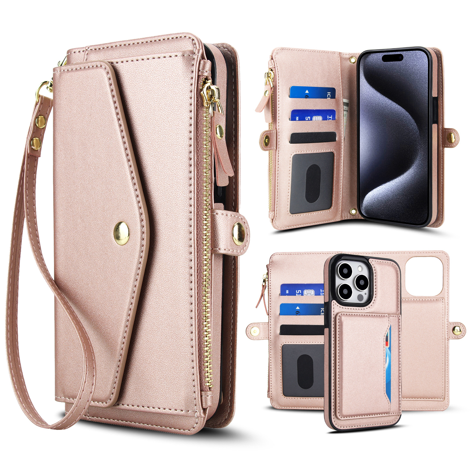 Leather iPhone Case With Card Holder And Strap Brown