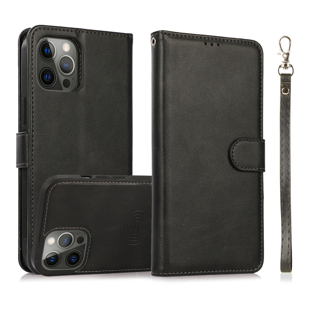 Leather Wallet iPhone Case With Card Holder And Strap Brown