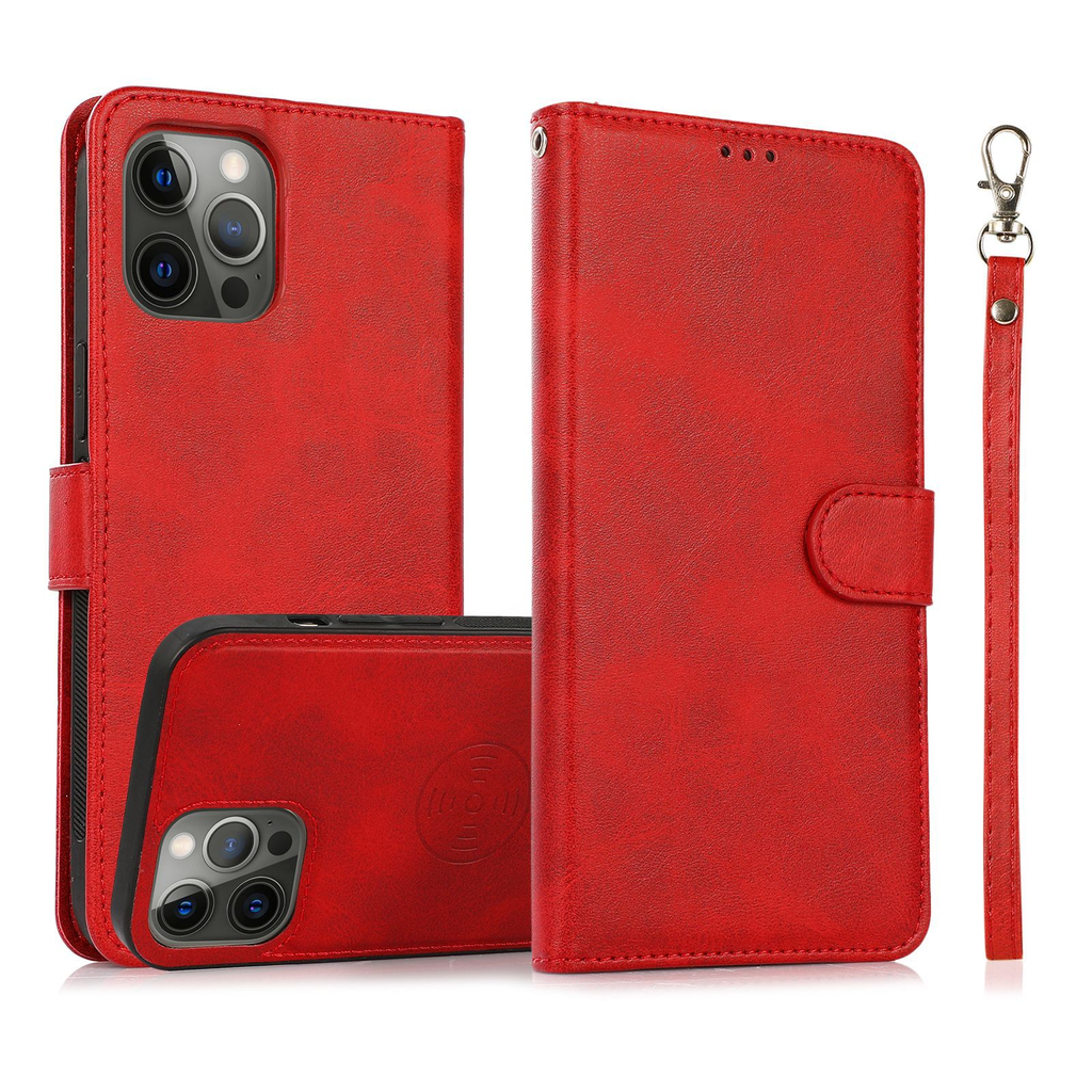 Leather Wallet iPhone Case With Card Holder And Strap Brown