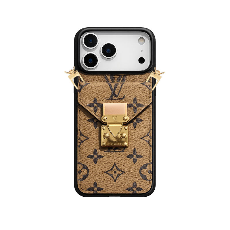 Premium Leather Monogram iPhone Case With Wallet And Crossbody Strap For iPhone 17 Series-LA260001