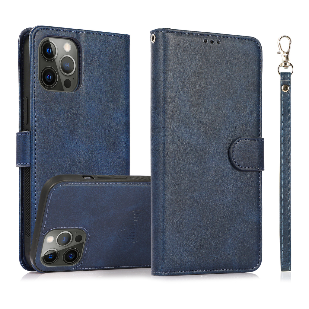 Leather Wallet iPhone Case With Card Holder And Strap Brown