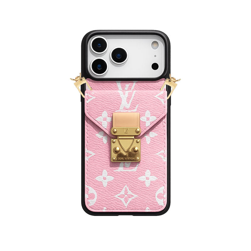 Premium Leather Monogram iPhone Case With Wallet And Crossbody Strap For iPhone 17 Series-LA260001