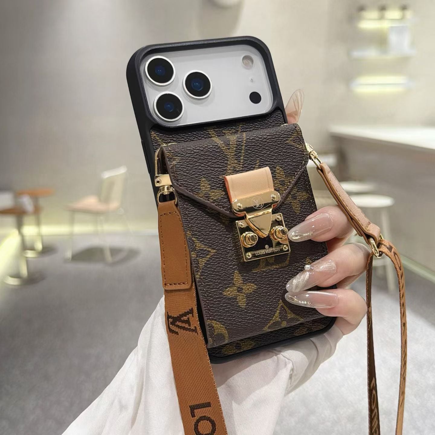 Premium Leather Monogram iPhone Case With Wallet And Crossbody Strap For iPhone 17 Series-LA260001