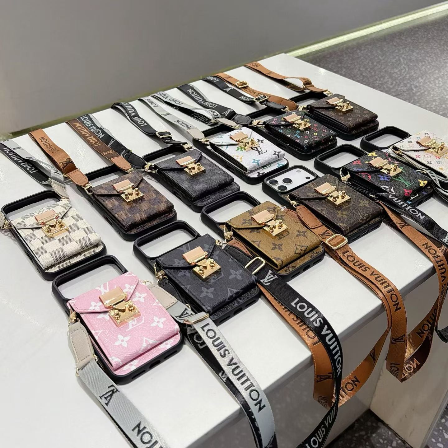Premium Leather Monogram iPhone Case With Wallet And Crossbody Strap For iPhone 17 Series-LA260001