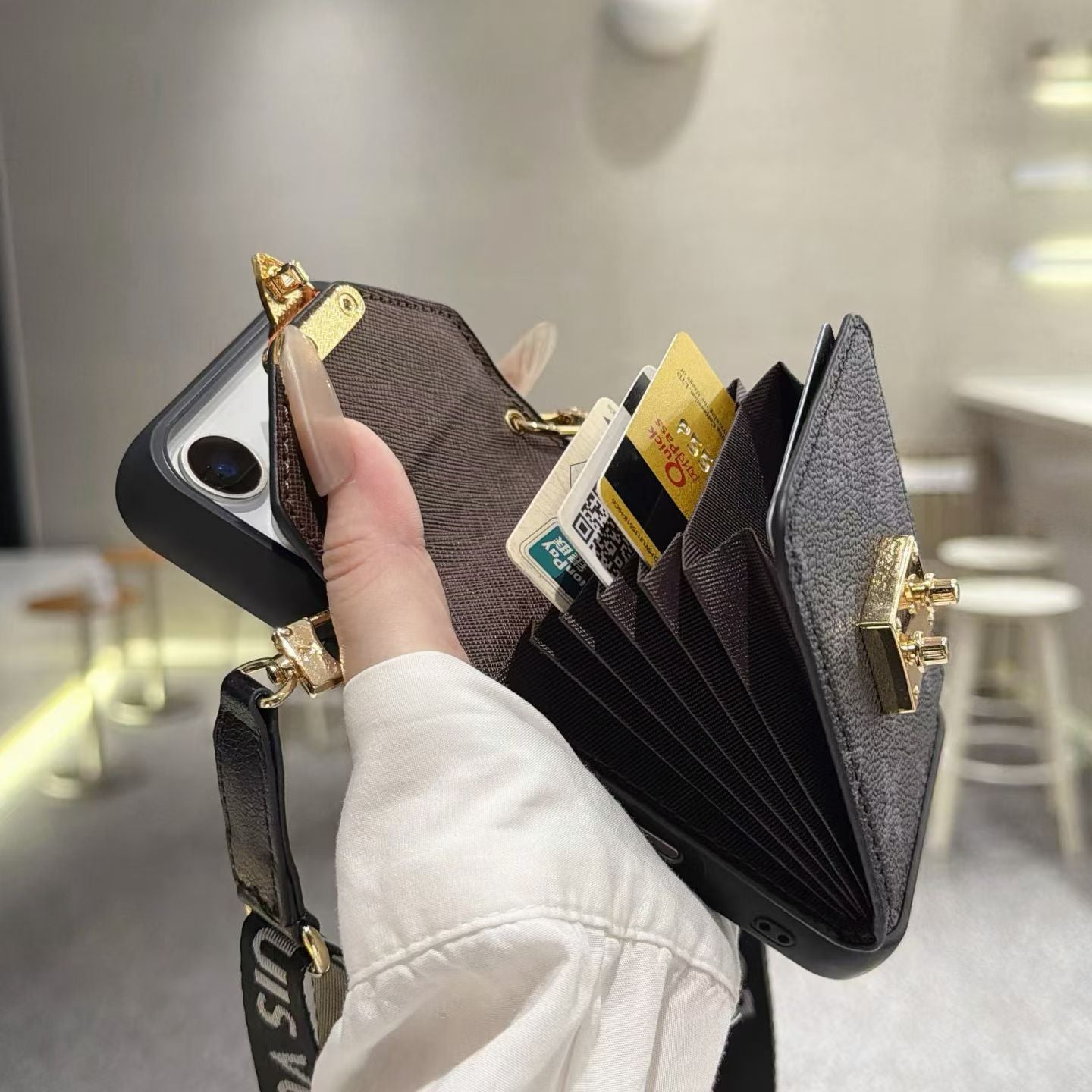 Premium Leather Monogram iPhone Case With Wallet And Crossbody Strap For iPhone 17 Series-LA260001