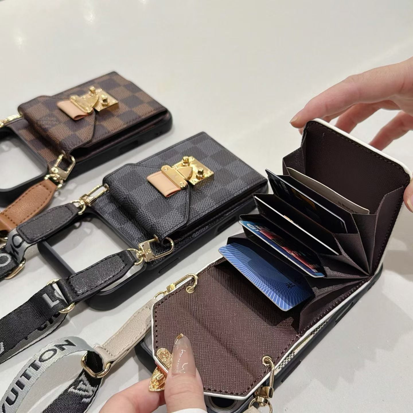 Premium Leather Monogram iPhone Case With Wallet And Crossbody Strap For iPhone 17 Series-LA260001
