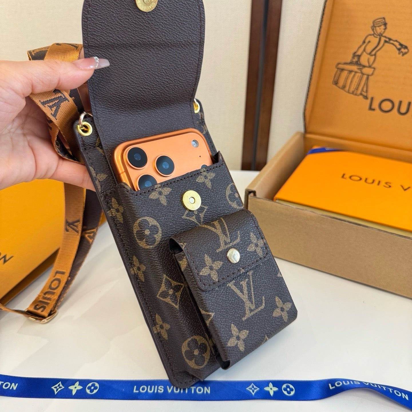 Premium Leather Monogram Crossbody Phone Bag-CYLV159