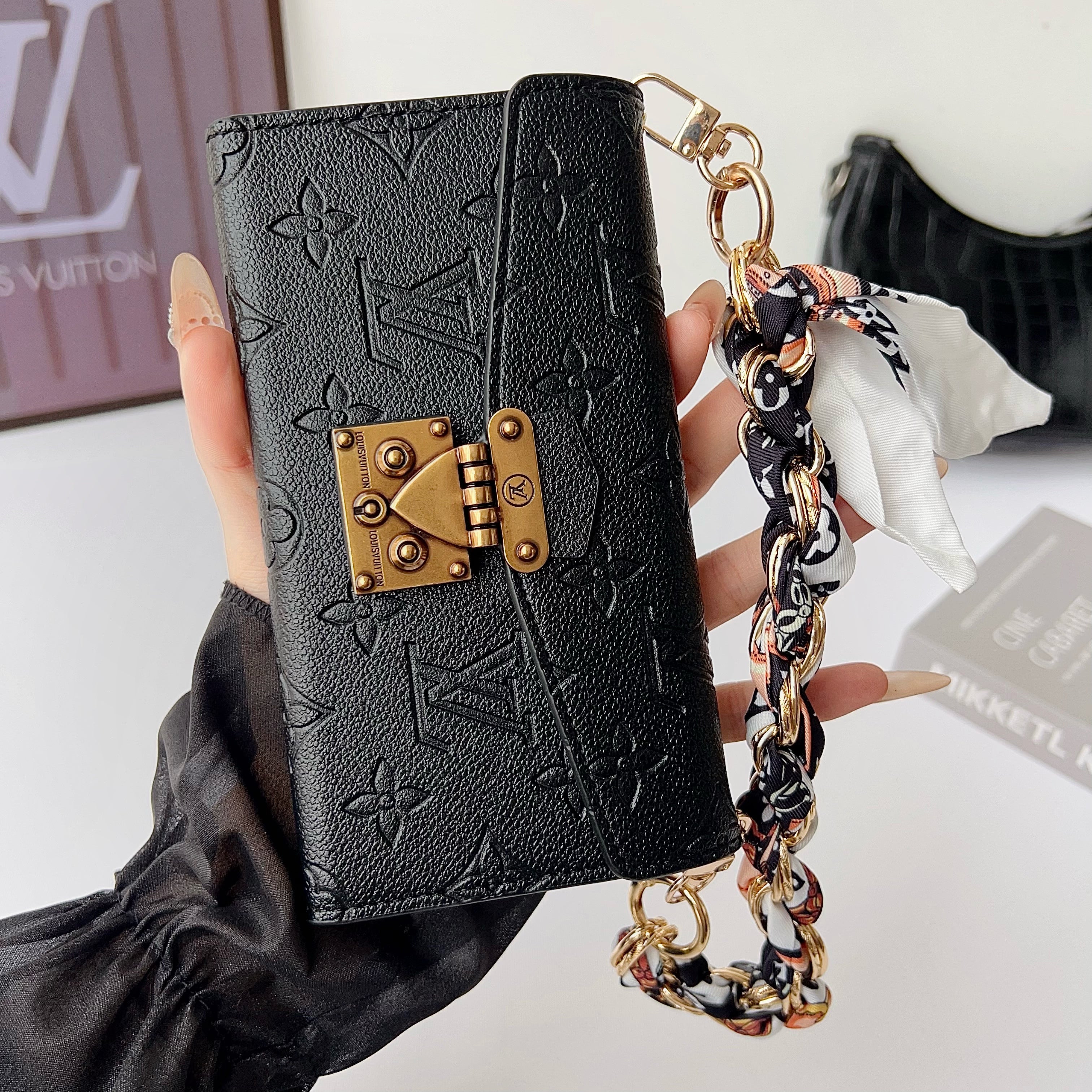 Luxury  Leather Monogram iPhone Case With Flip Wallet-LA260006