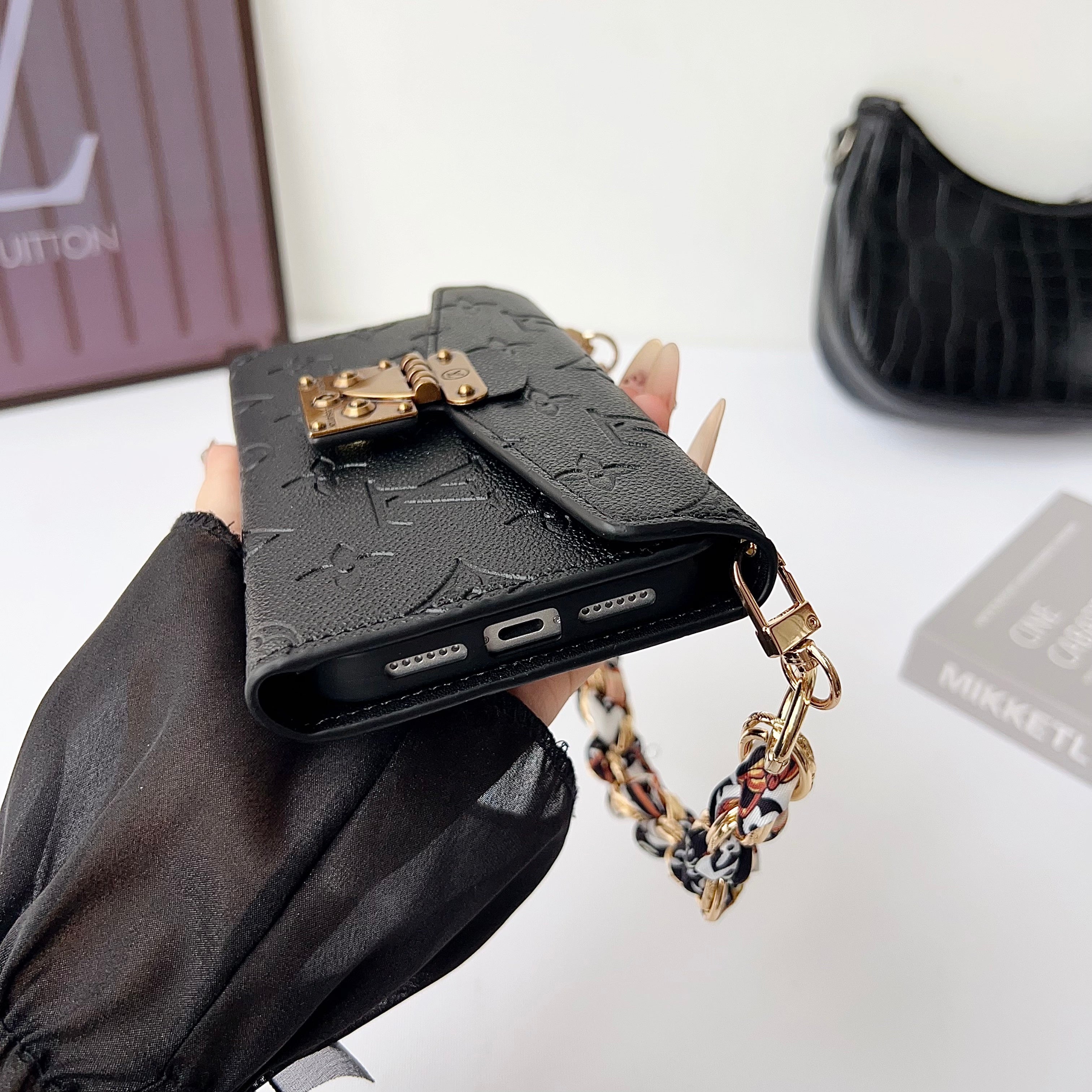 Luxury  Leather Monogram iPhone Case With Flip Wallet-LA260006