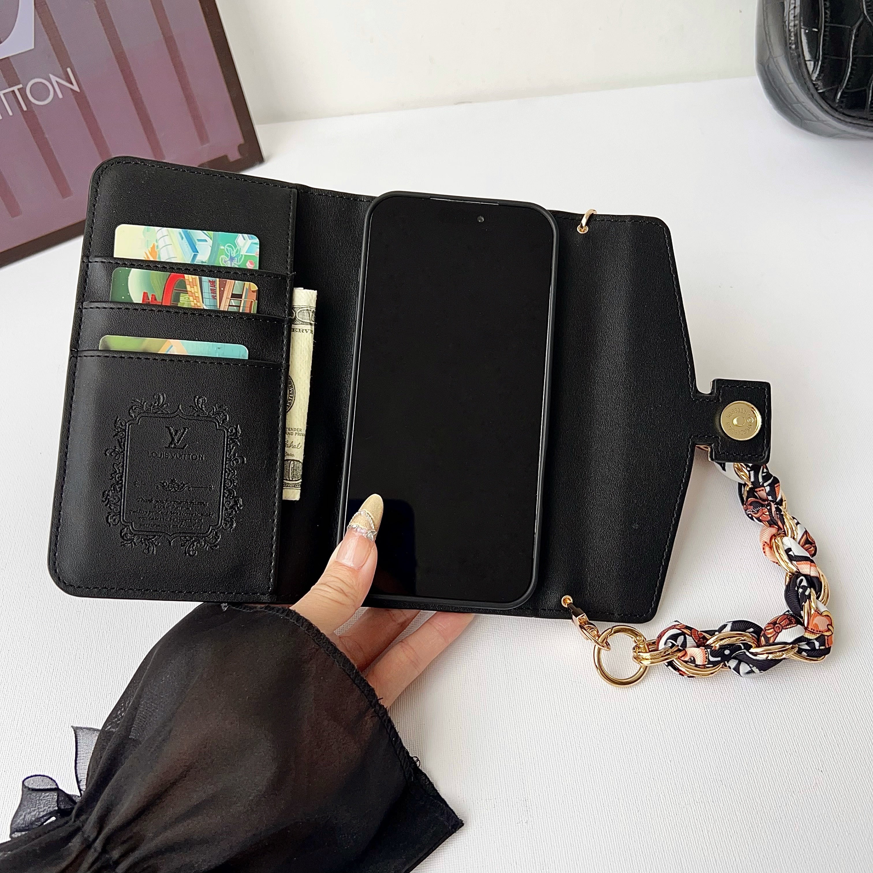 Luxury  Leather Monogram iPhone Case With Flip Wallet-LA260006