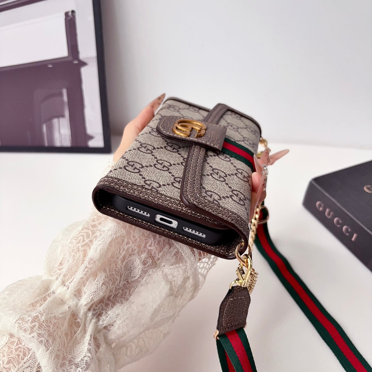 Classic Leather GG iPhone Case With Flip Wallet And Crossbody Strap-LA260019