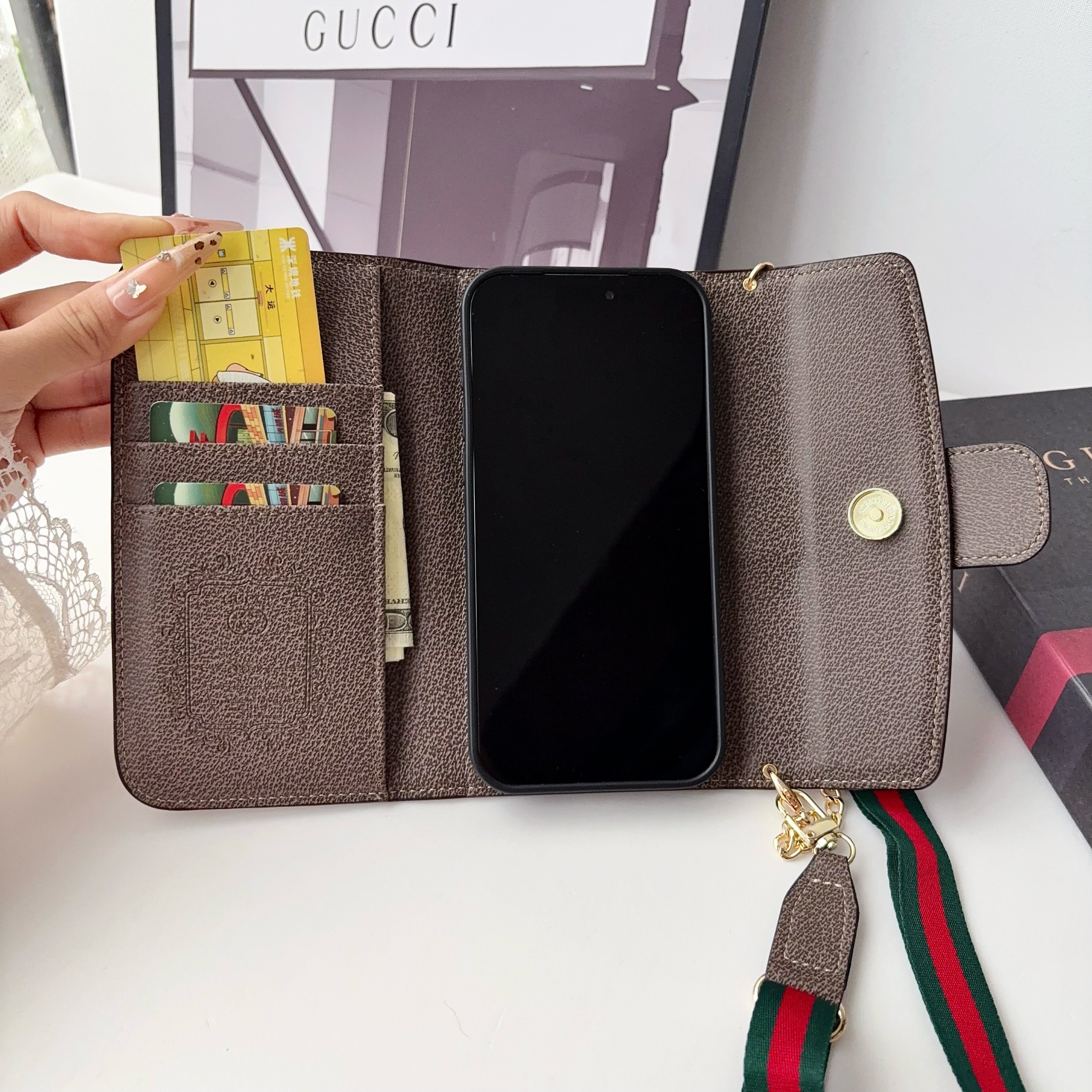 Classic Leather GG iPhone Case With Flip Wallet And Crossbody Strap-LA260019