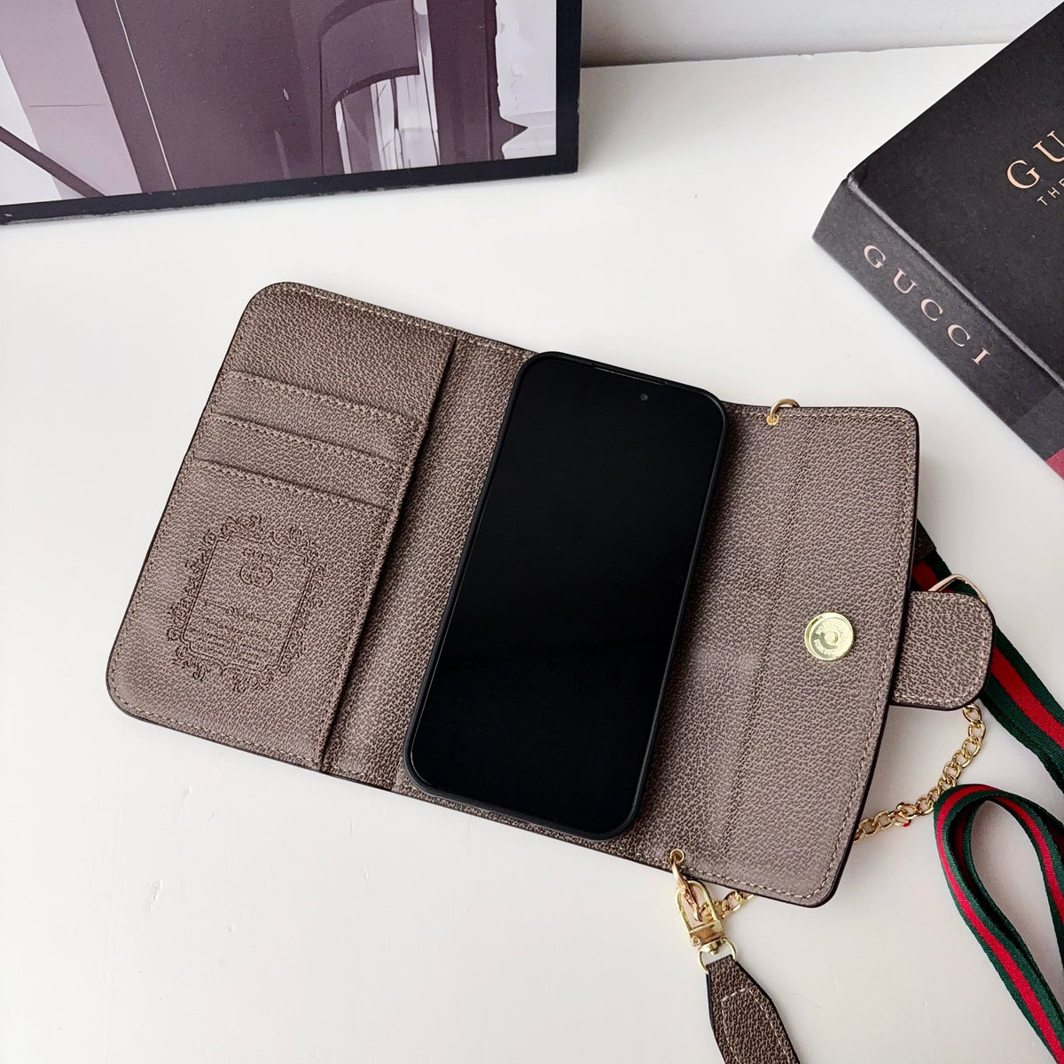 Classic Leather GG iPhone Case With Flip Wallet And Crossbody Strap-LA260019