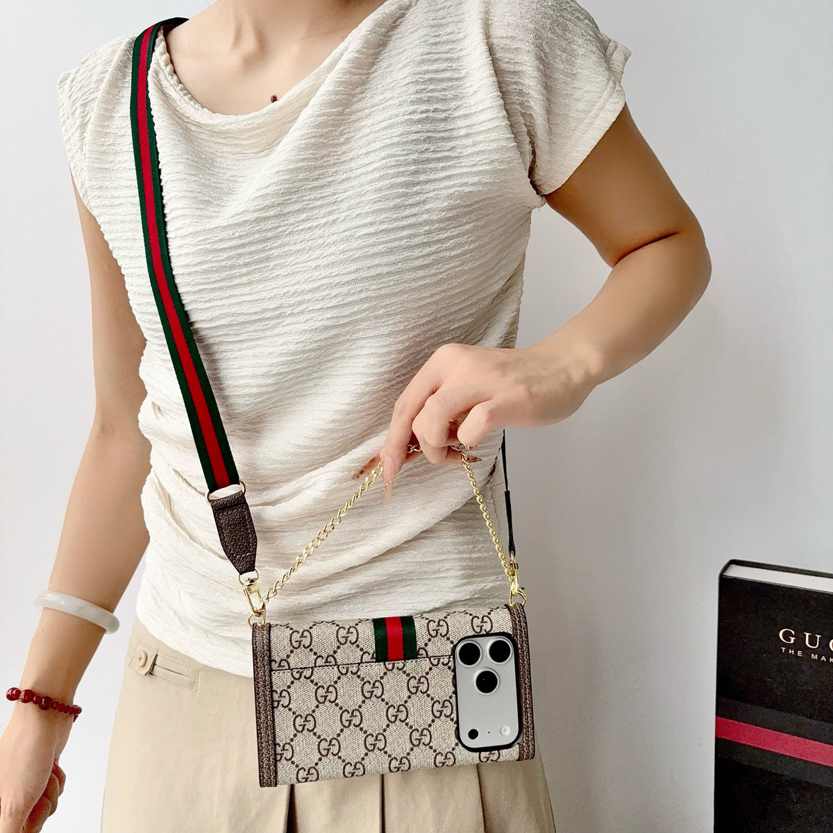 Classic Leather GG iPhone Case With Flip Wallet And Crossbody Strap-LA260019