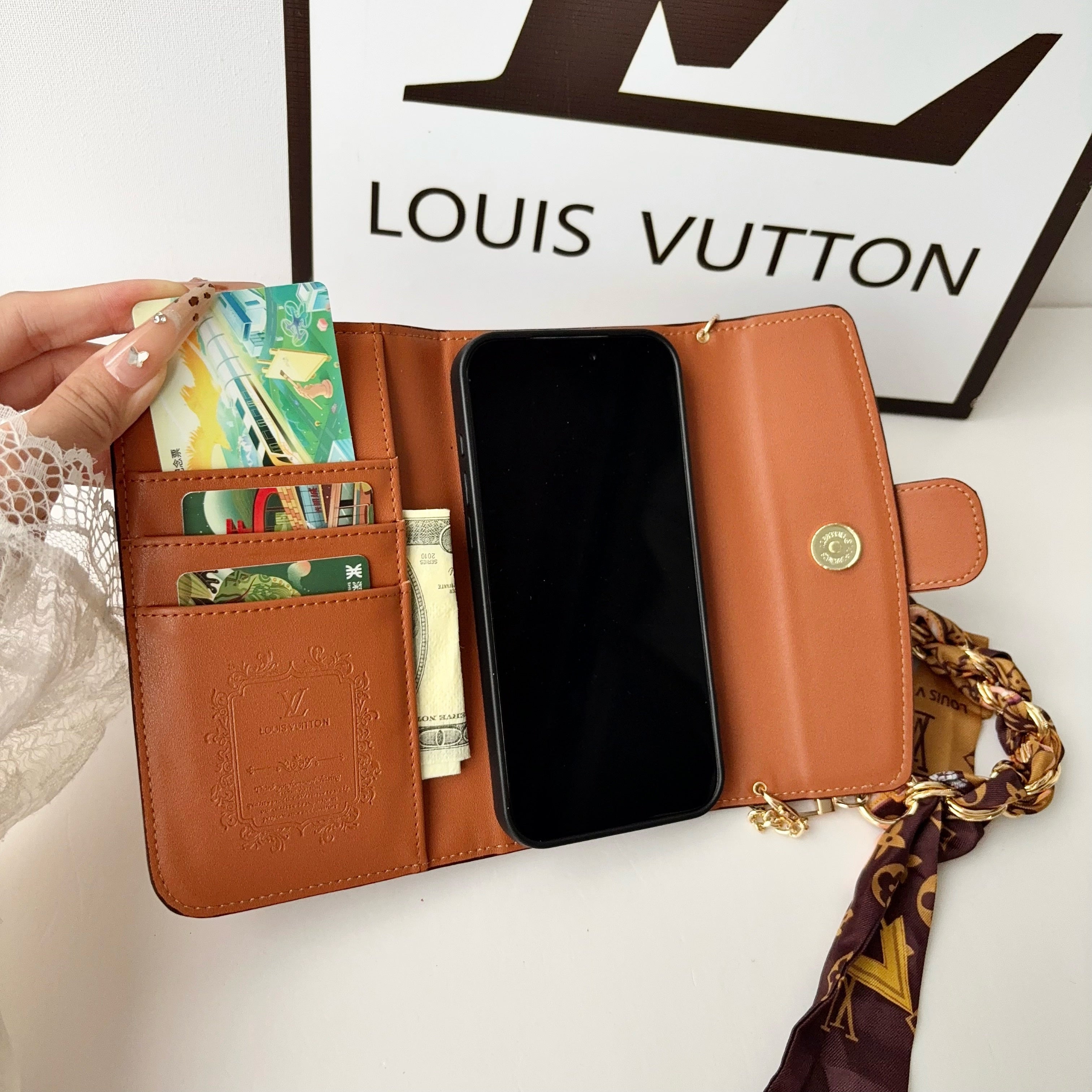 High-quality Leather Monogram iPhone Case With Flip Wallet And  Chain-LA260020