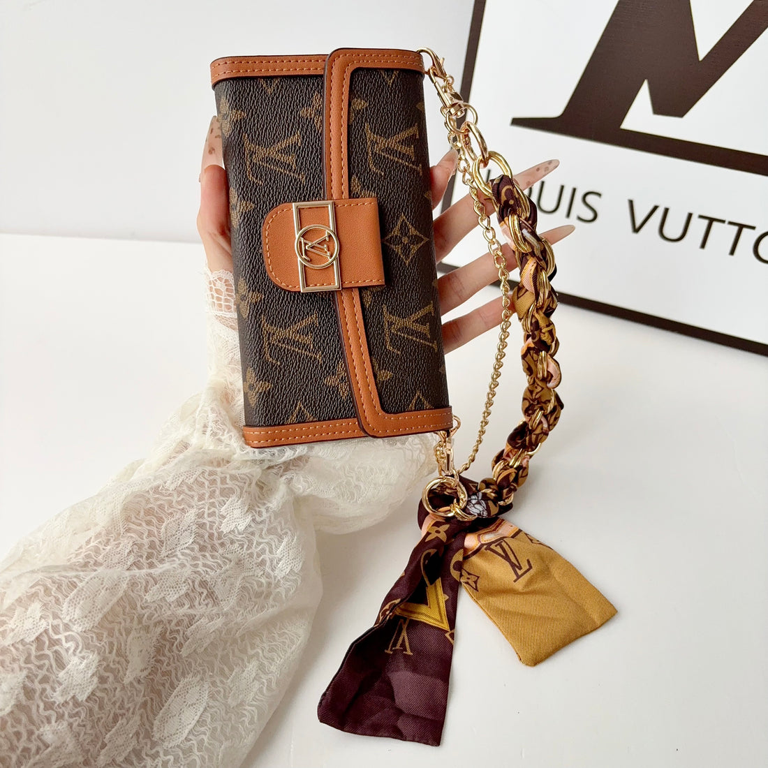 High-quality Leather Monogram iPhone Case With Flip Wallet And  Chain-LA260020