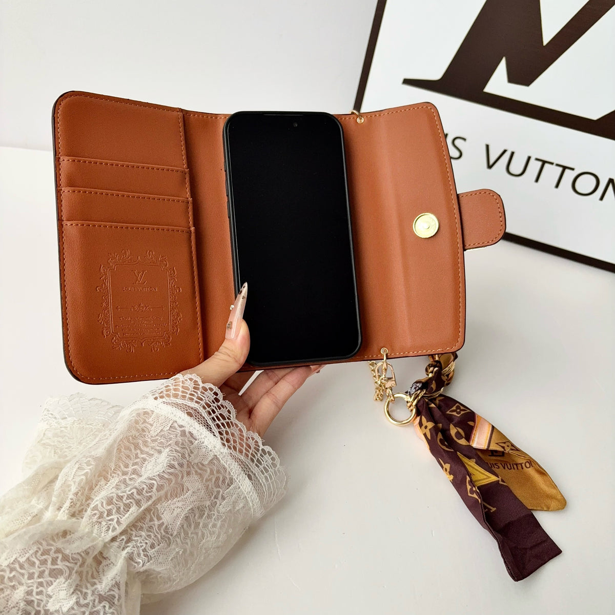 High-quality Leather Monogram iPhone Case With Flip Wallet And  Chain-LA260020
