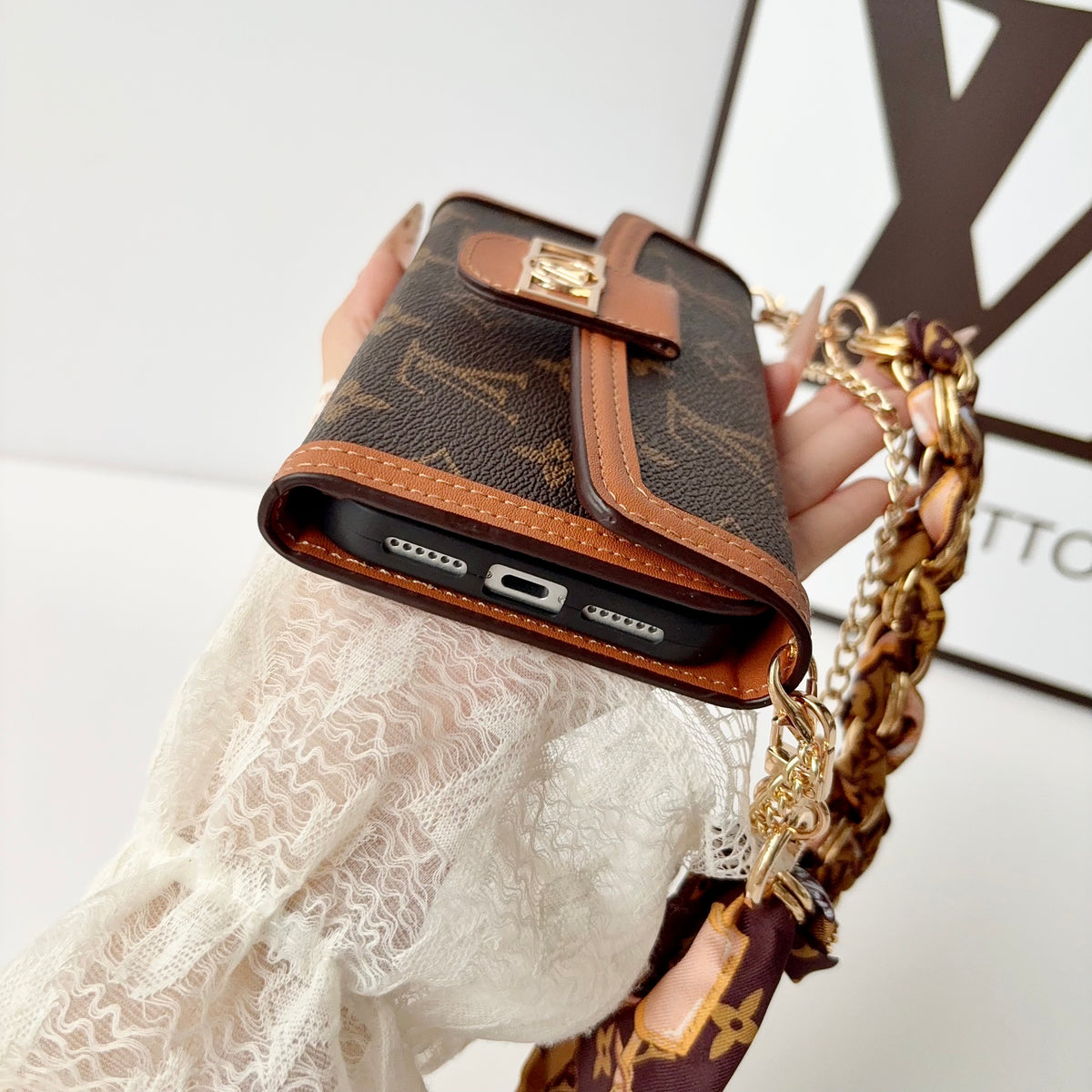 High-quality Leather Monogram iPhone Case With Flip Wallet And  Chain-LA260020
