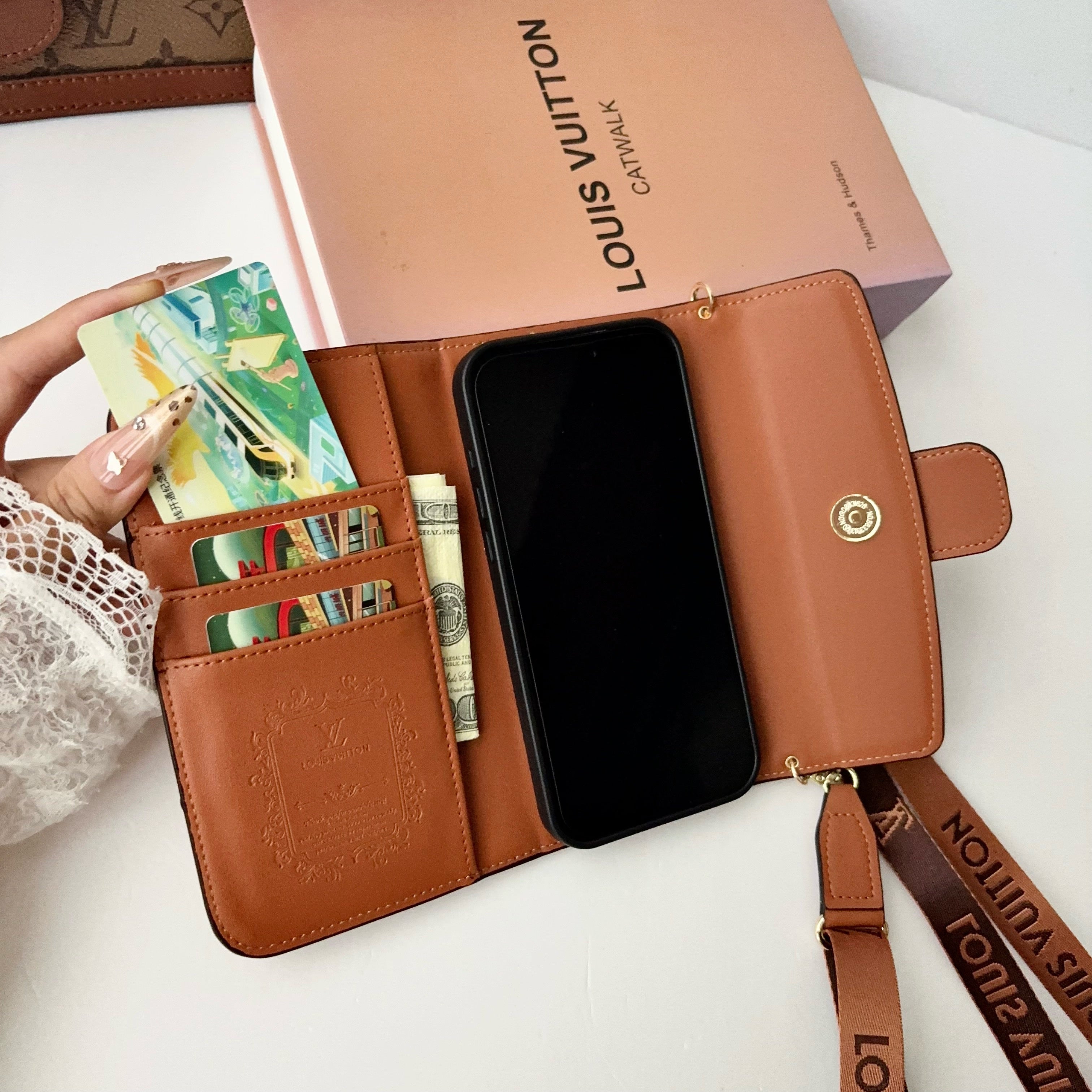 Luxury Leather Monogram iPhone Case With Flip Wallet And Crossbody Strap-LA260021