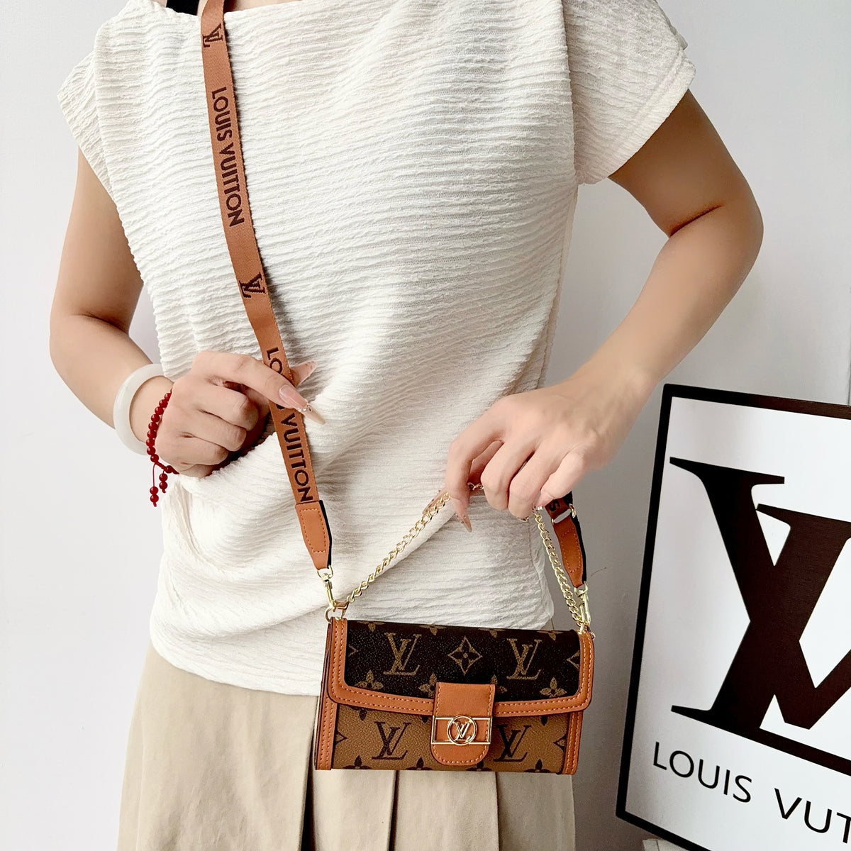 Luxury Leather Monogram iPhone Case With Flip Wallet And Crossbody Strap-LA260021