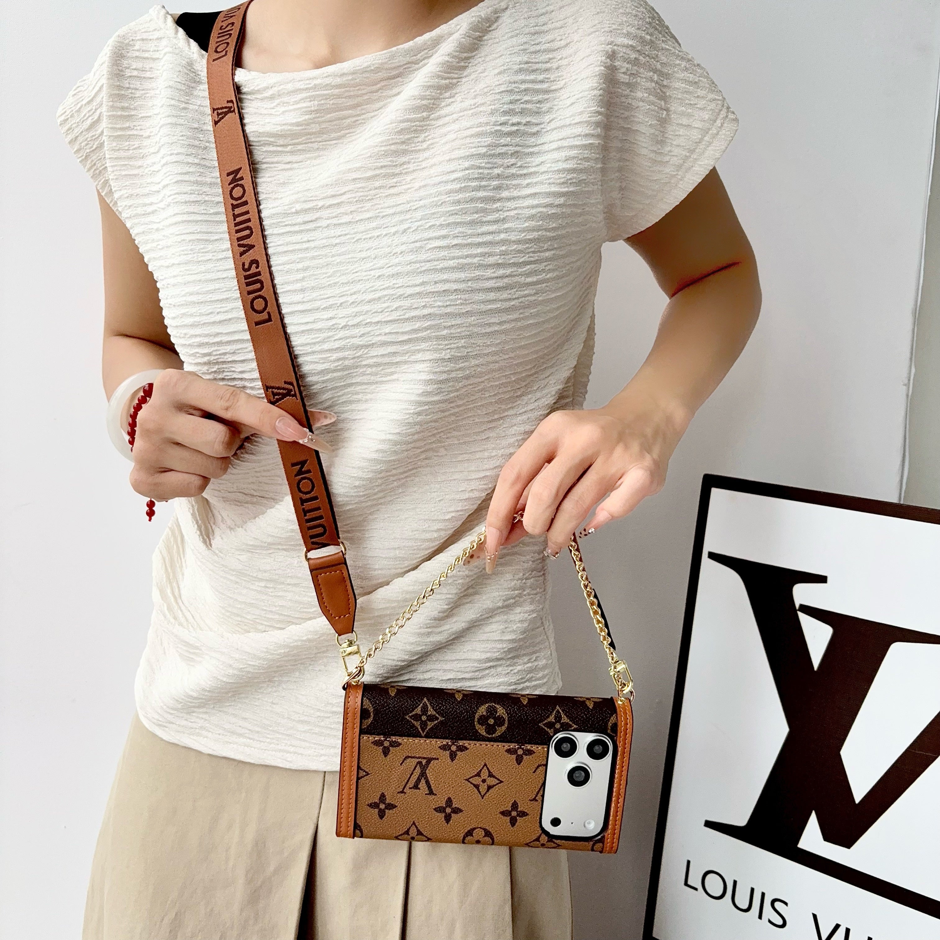 Luxury Leather Monogram iPhone Case With Flip Wallet And Crossbody Strap-LA260021