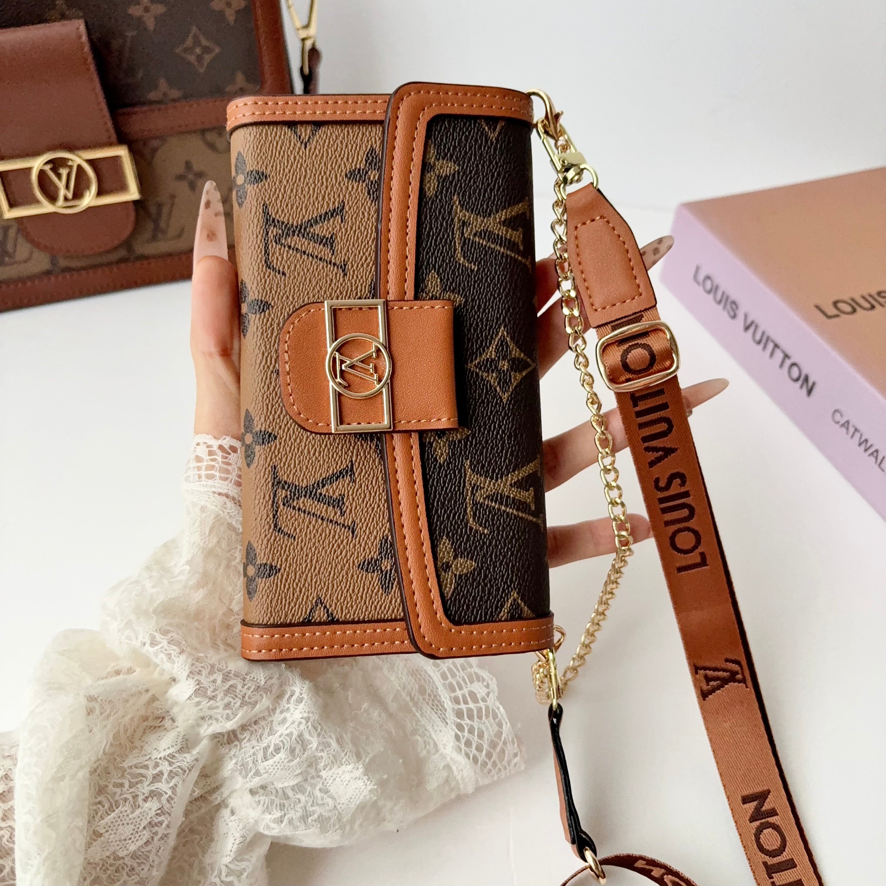 Luxury Leather Monogram iPhone Case With Flip Wallet And Crossbody Strap-LA260021