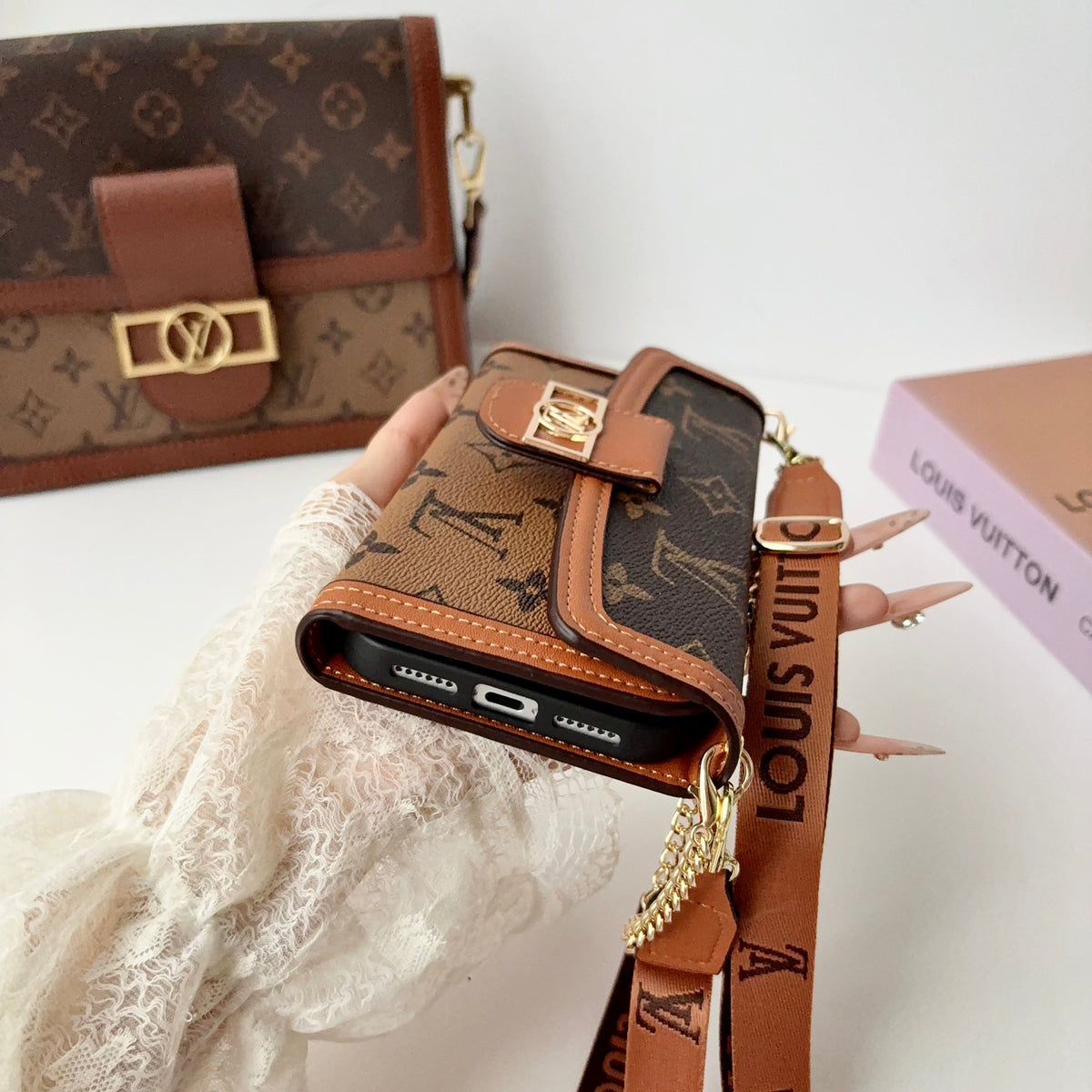 Luxury Leather Monogram iPhone Case With Flip Wallet And Crossbody Strap-LA260021